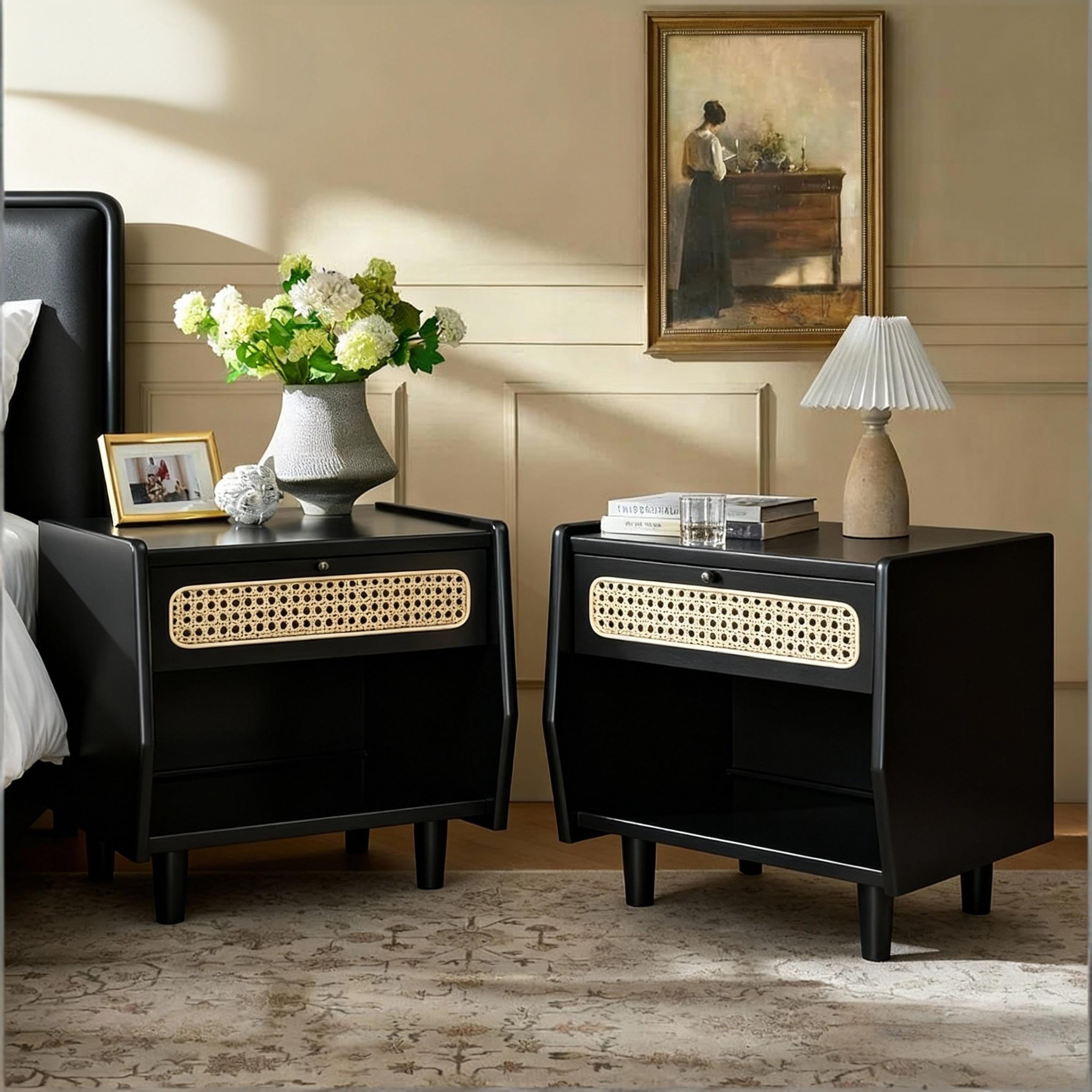 Black Nightstand with Rattan Detail