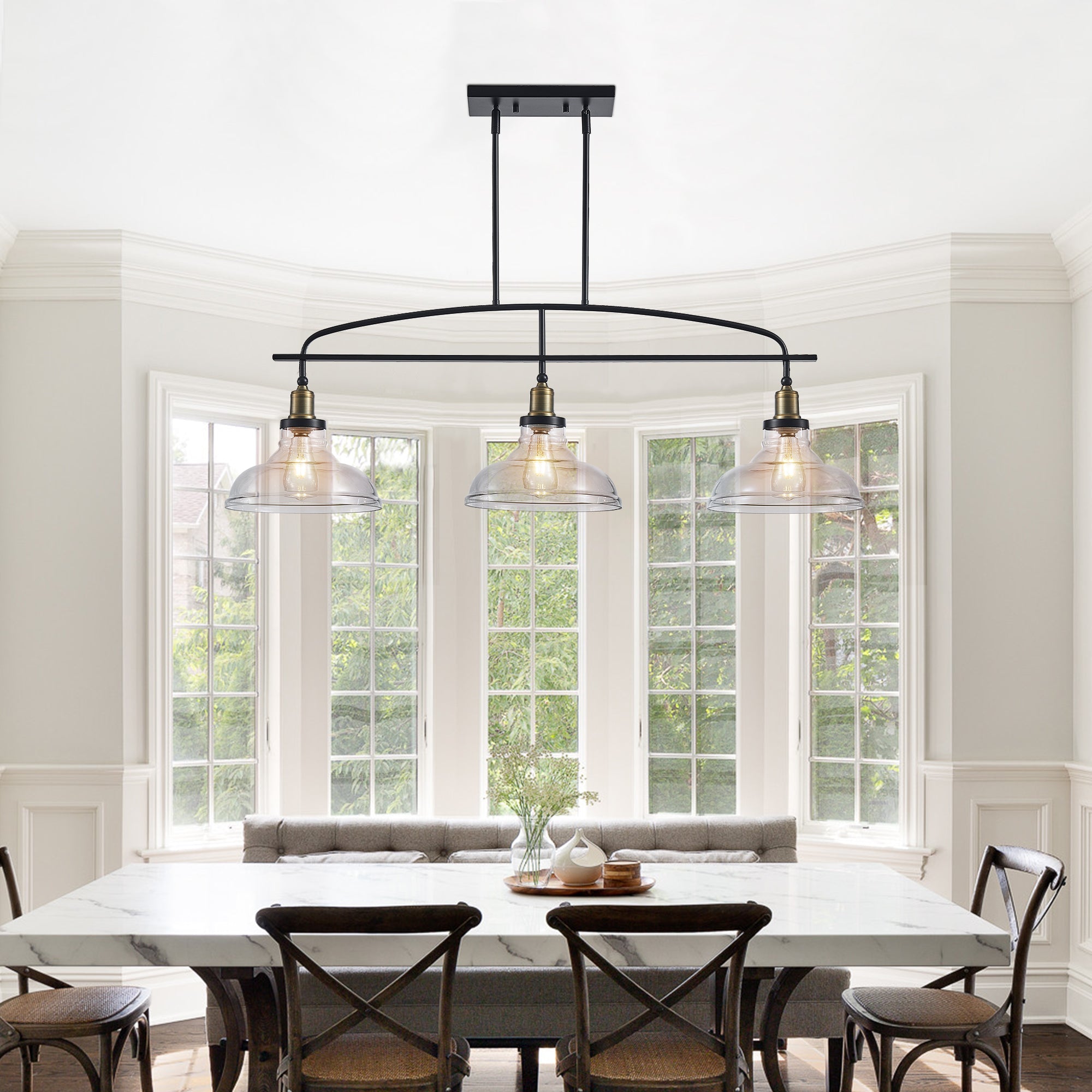 Industrial 3-Light Pendant Chandelier with Clear Glass Shades