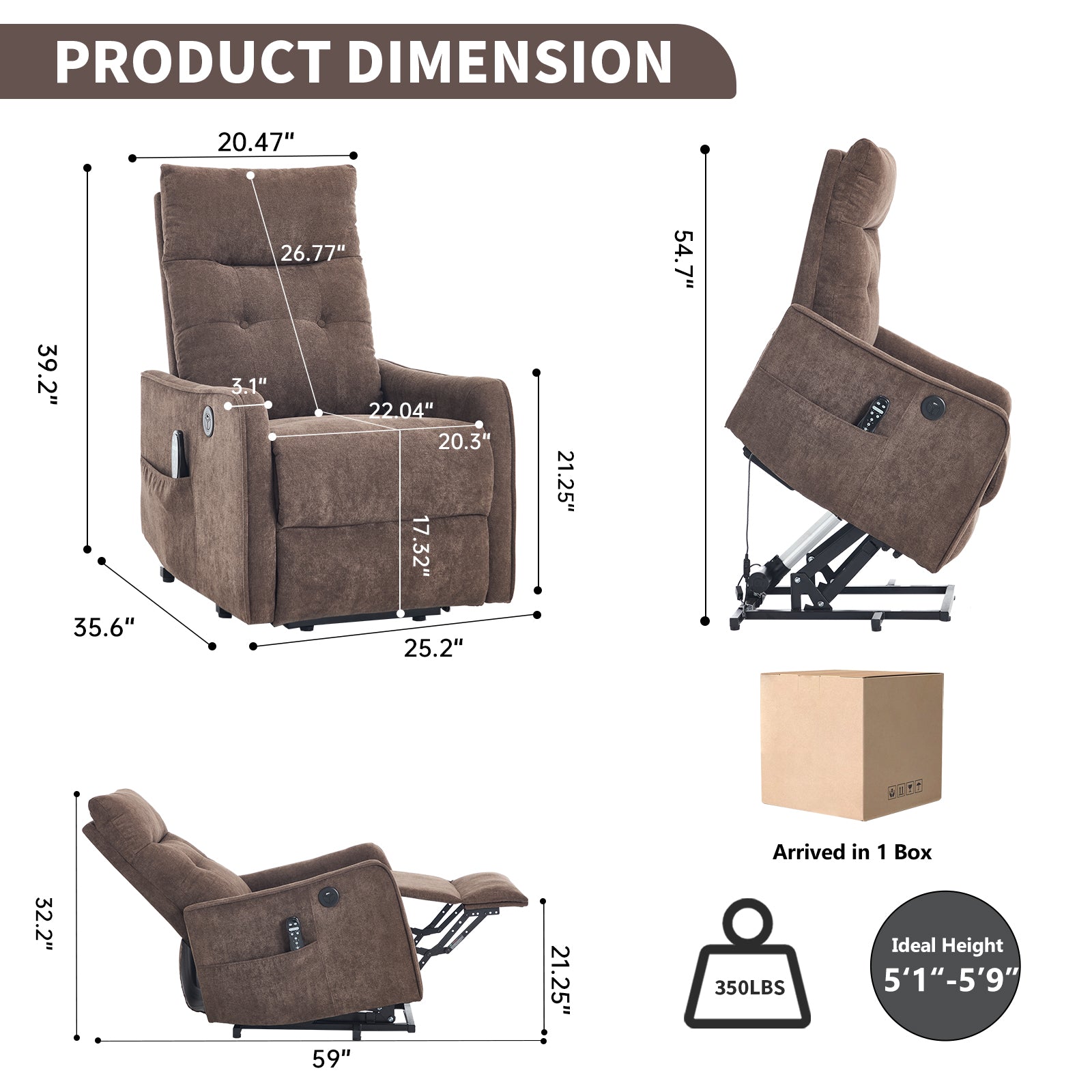 Brown Chenille Single Motor Power Lift Recliner Chair