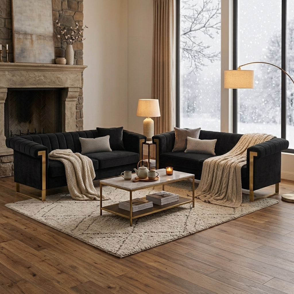 Black Velvet 2 Piece Sofa Set