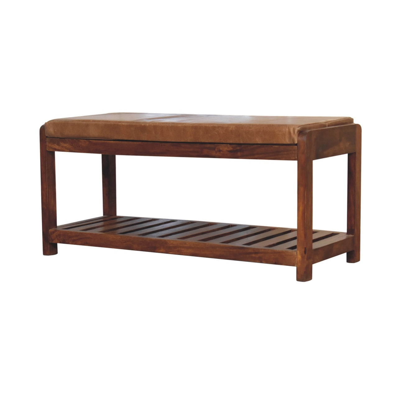 Solid Wood Small Buffalo Slatted Bench, Leather Upholstered, Open Storage