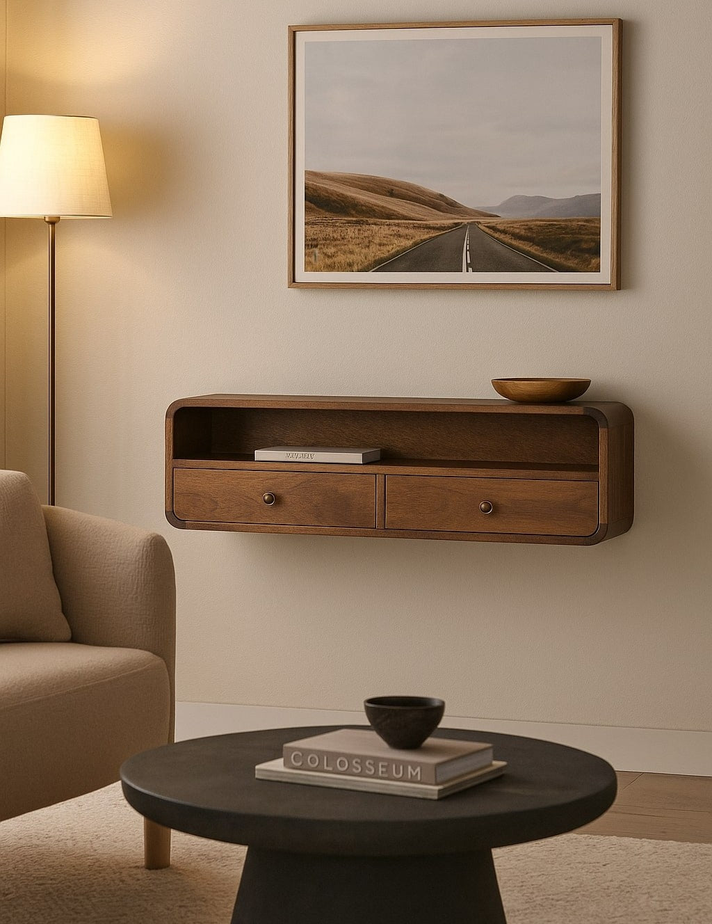 Solid Wood Floating Console, 2-Drawers, 1 Open Slot