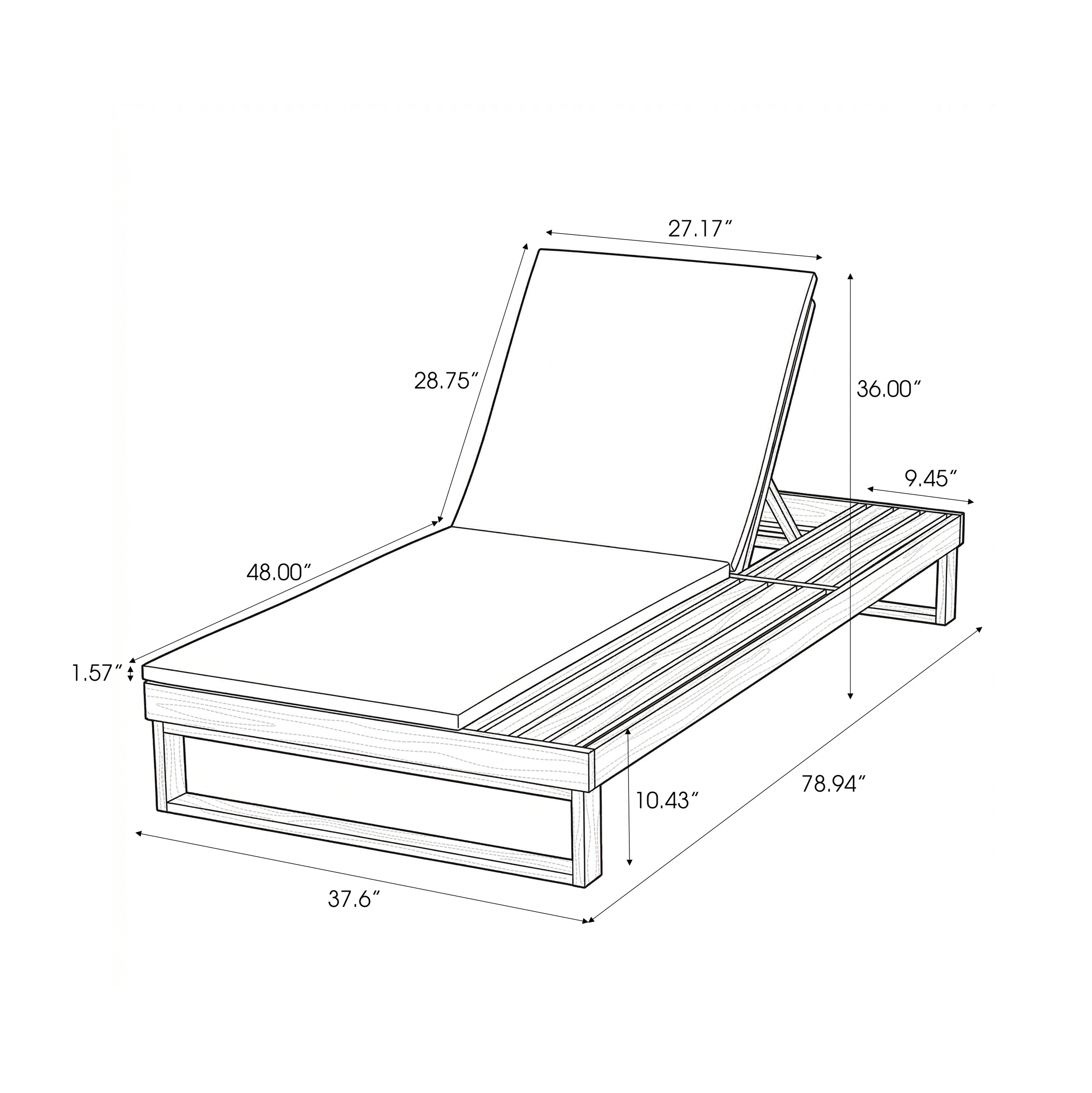 Black Acacia Wood Chaise Lounge with Leaf Coconut Cushion
