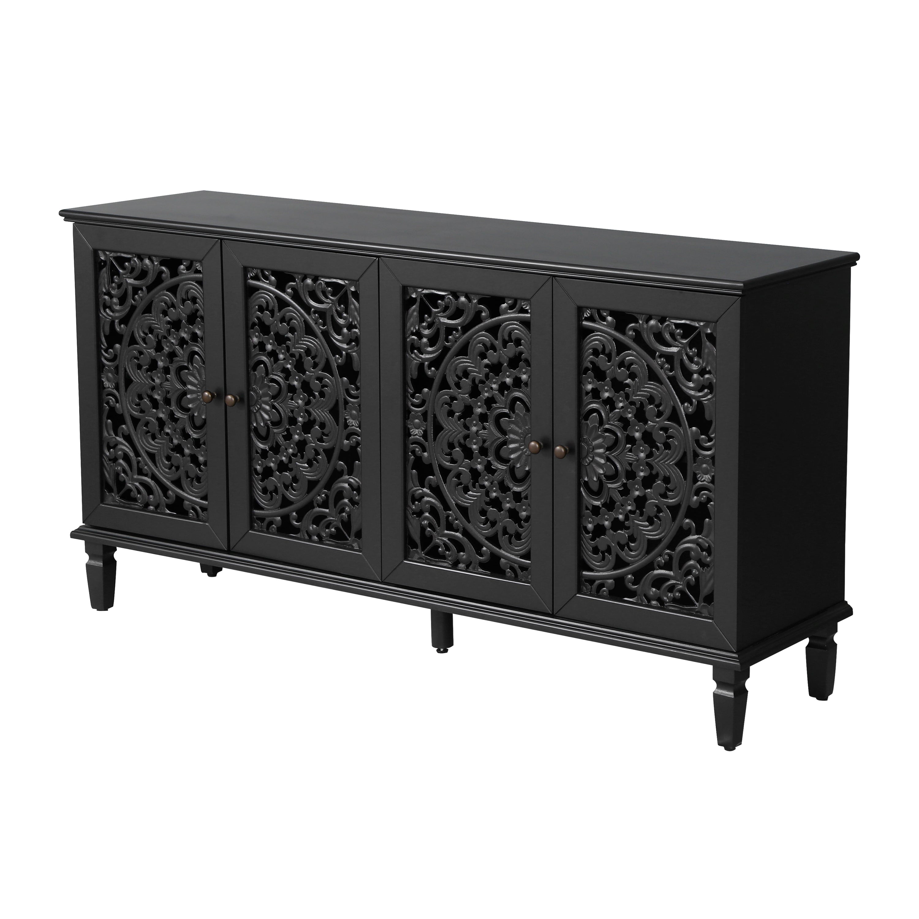 60" Antique Buffet Cabinet with Floral Carvings