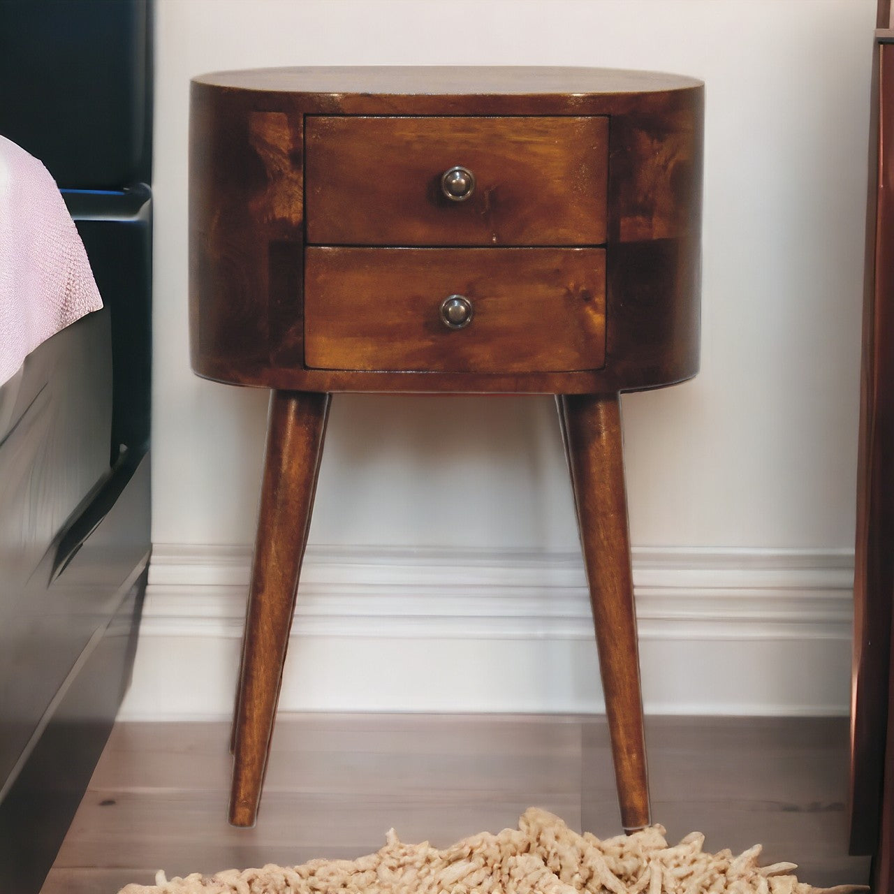 Solid Wood Mini Chestnut Rounded Nightstand, 2-Drawers, Nordic Legs