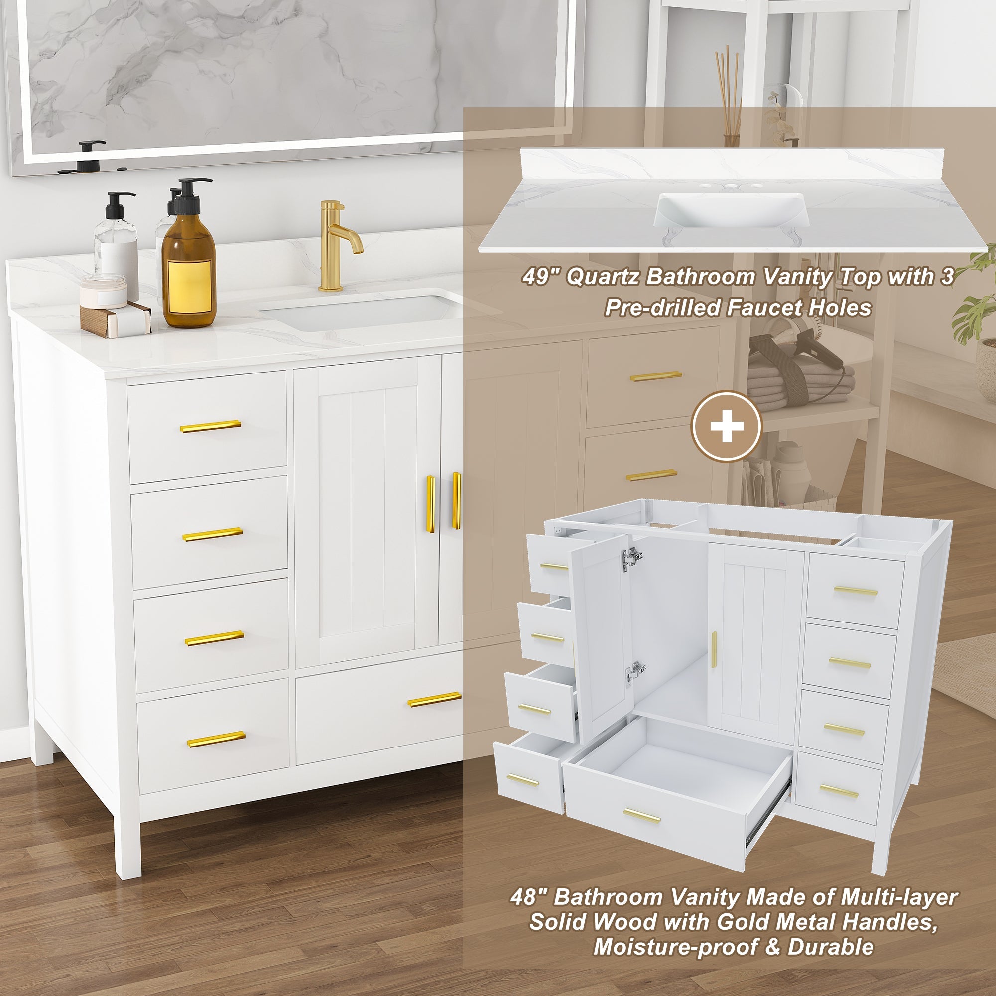48" Modern Solid Wood Bathroom Vanity with Sink, 49" Carrara