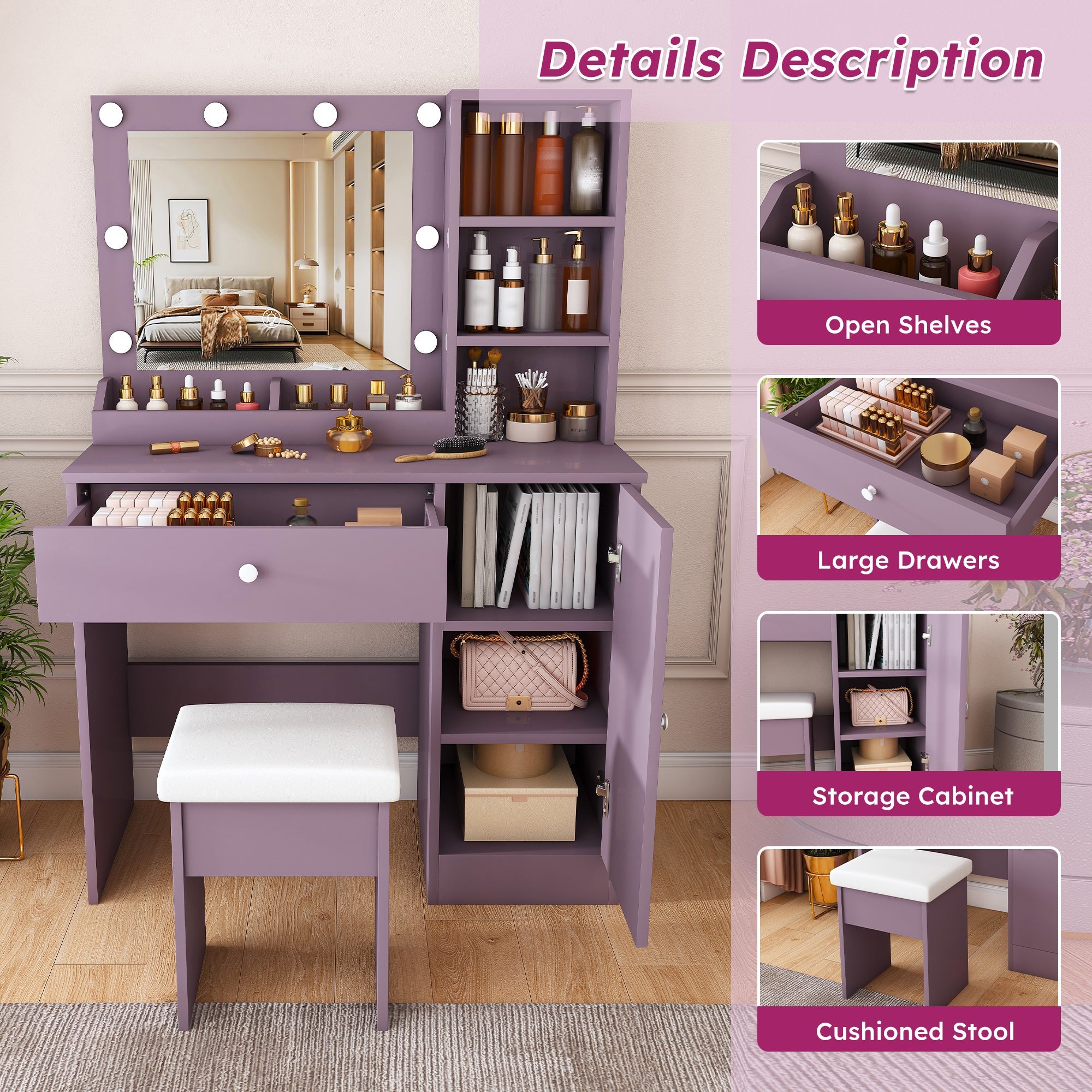 Stylish Vanity Desk Set with Padded Stool & Adjustable Lighted Mirror