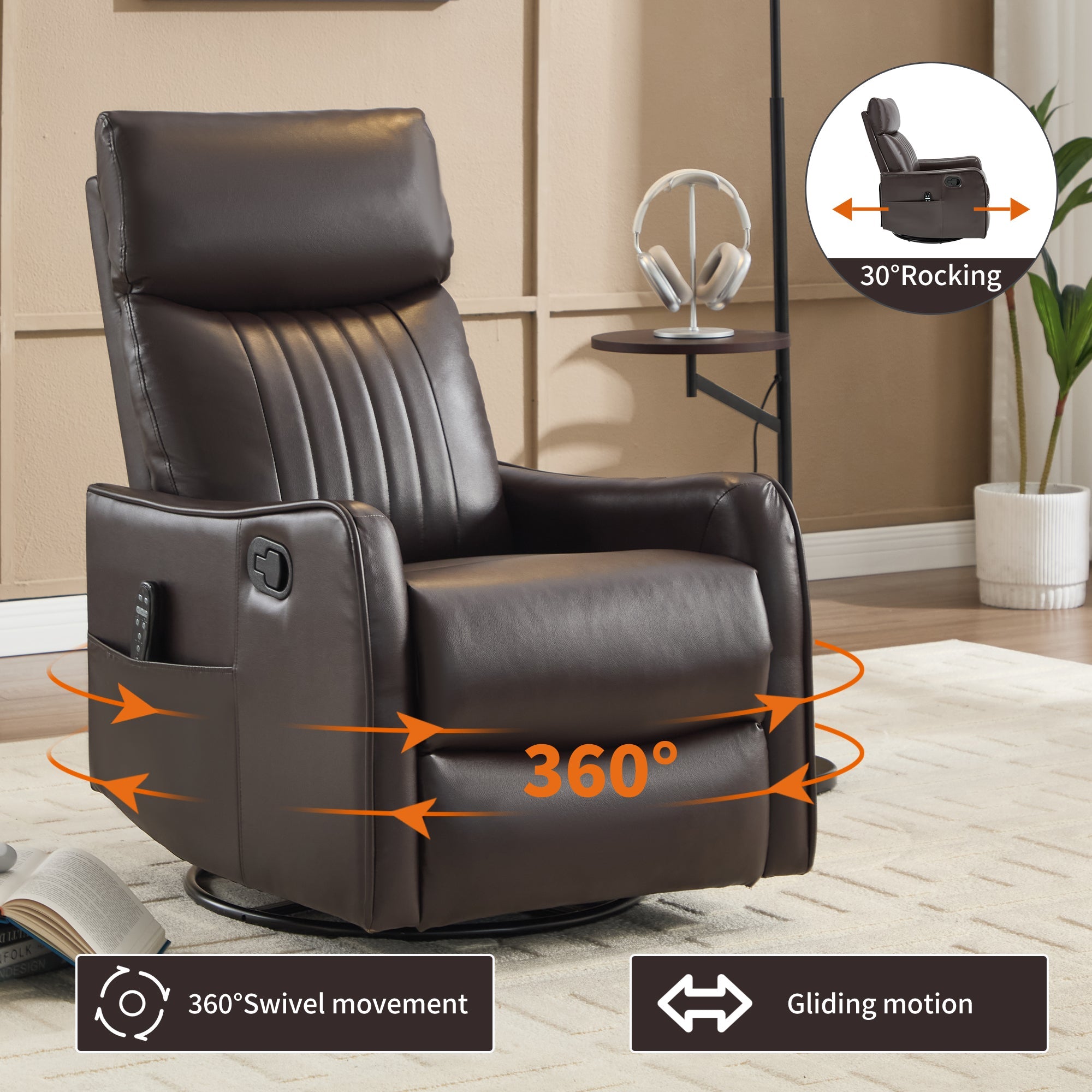 Brown Faux Leather Heat Massage Manual Recliner Chair