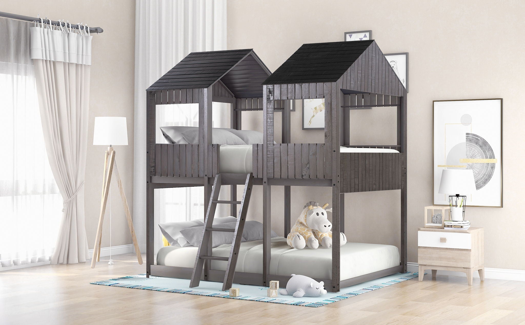 Bunk Bed With Roof, Window, Guardrail, Ladder