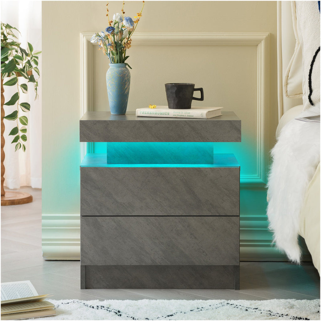 Modern LED Nightstand with 2 Drawers in Deep Gray
