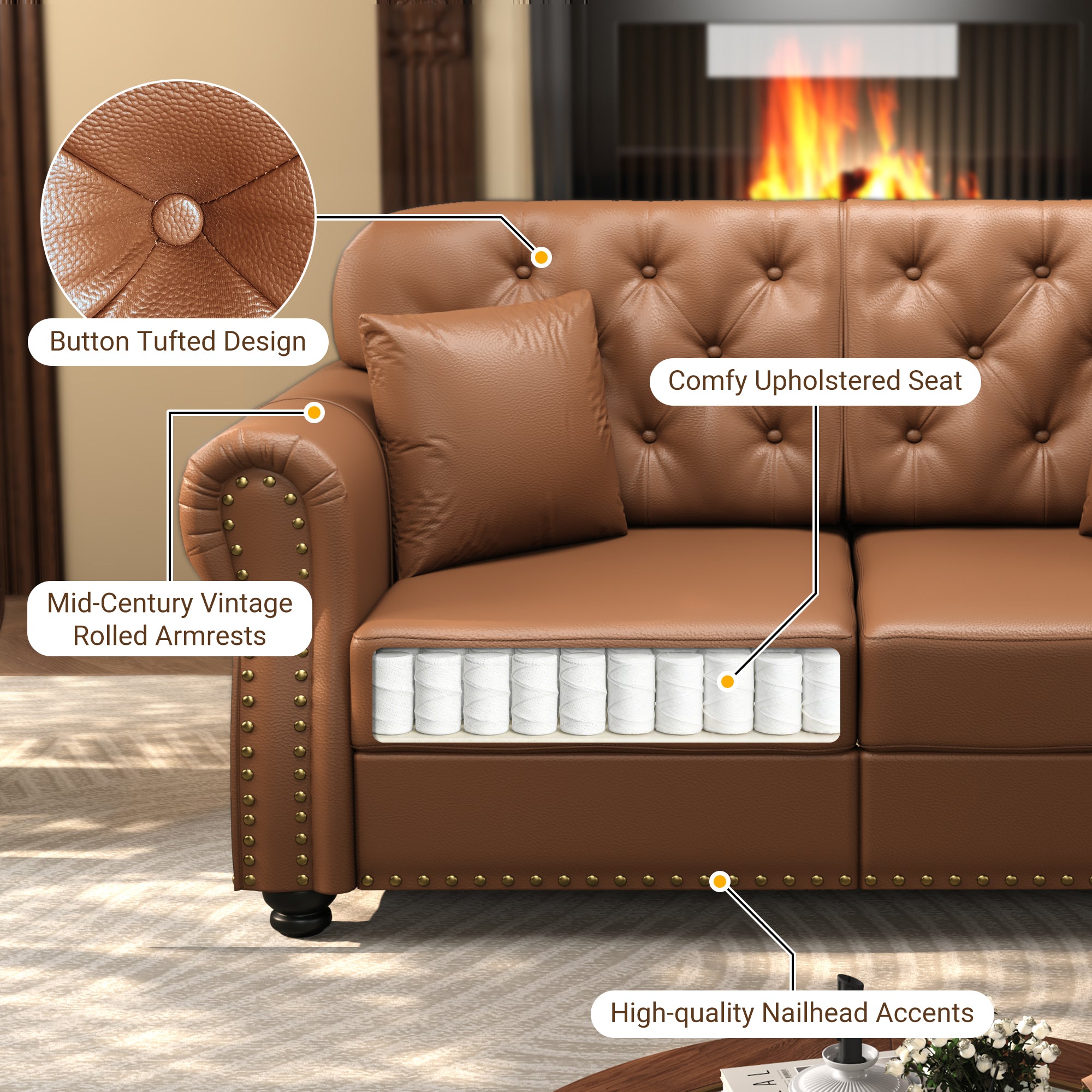 63" Upholstered Faux Leather Sofa with Nailhead Trim