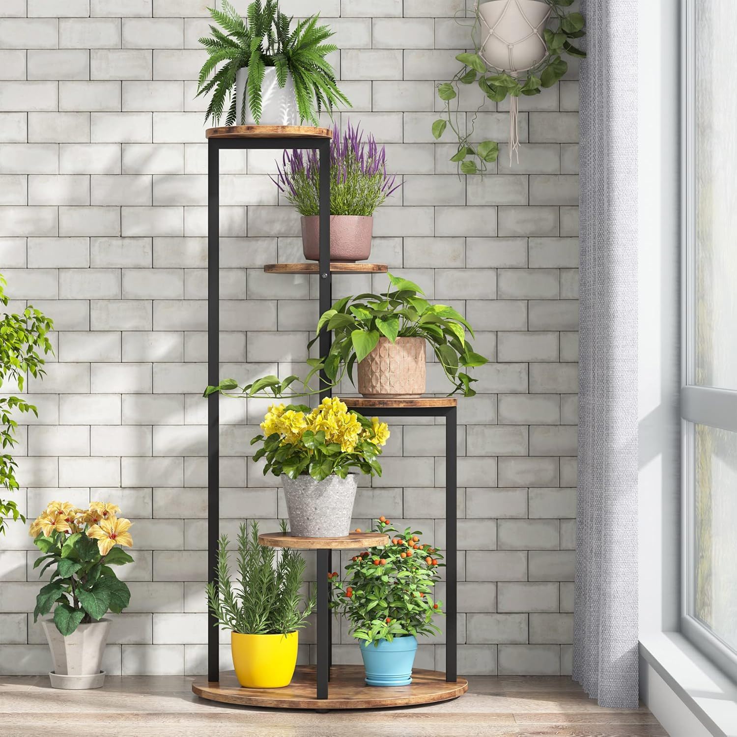 4 Tier Corner Plant Stand For Balcony, Garden & Patio - Rustic Brown