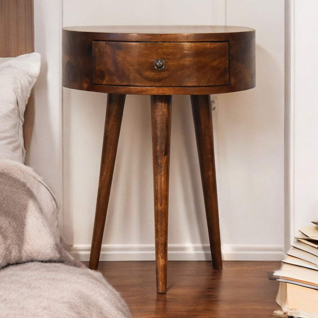 Solid Wood Chestnut Semi Circle Nightstand, 1-Drawer, Nordic Legs