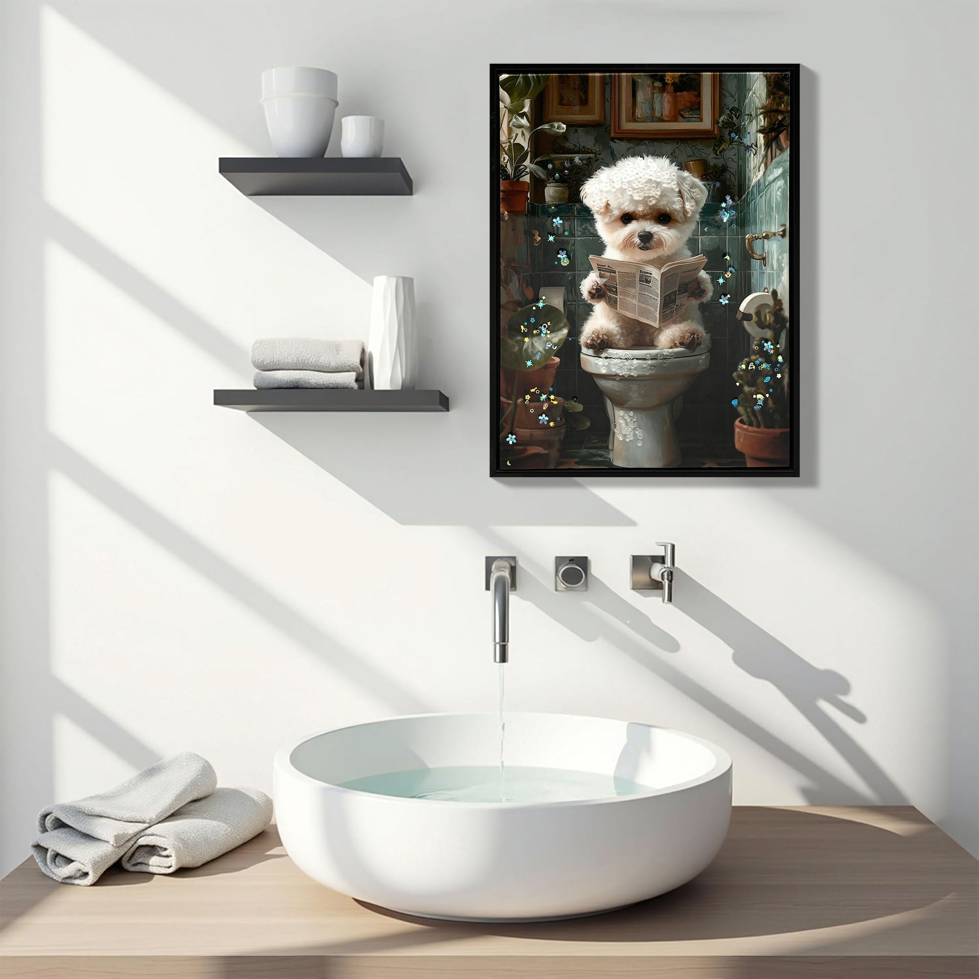 Framed Bathroom Decor, Cute Puppy Wall Art in Picture Frame, 3D Canvas Print - Indigo / White