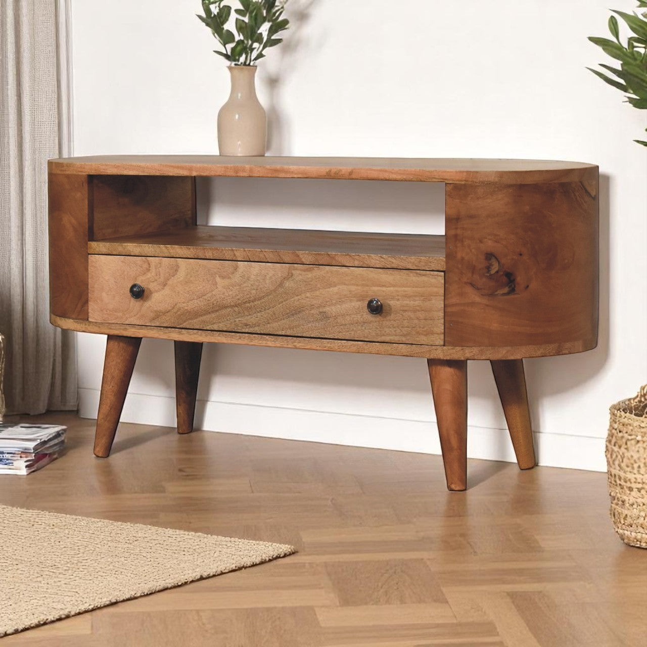 Solid Wood Mini Rounded Entertainment Unit, Nordic Legs