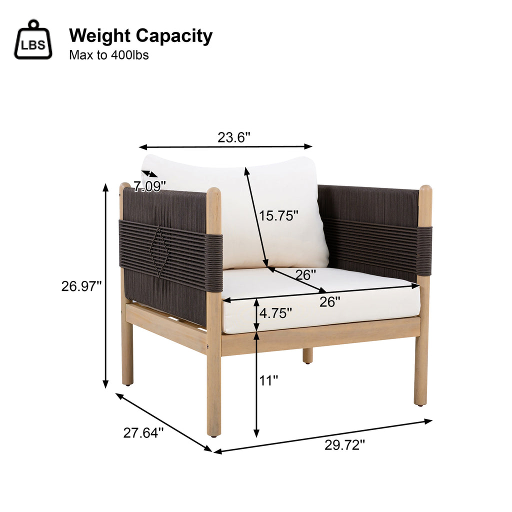 Outdoor Acacia Wood Club Chair with Diamond Rope Weave & Cushions, Light Teak