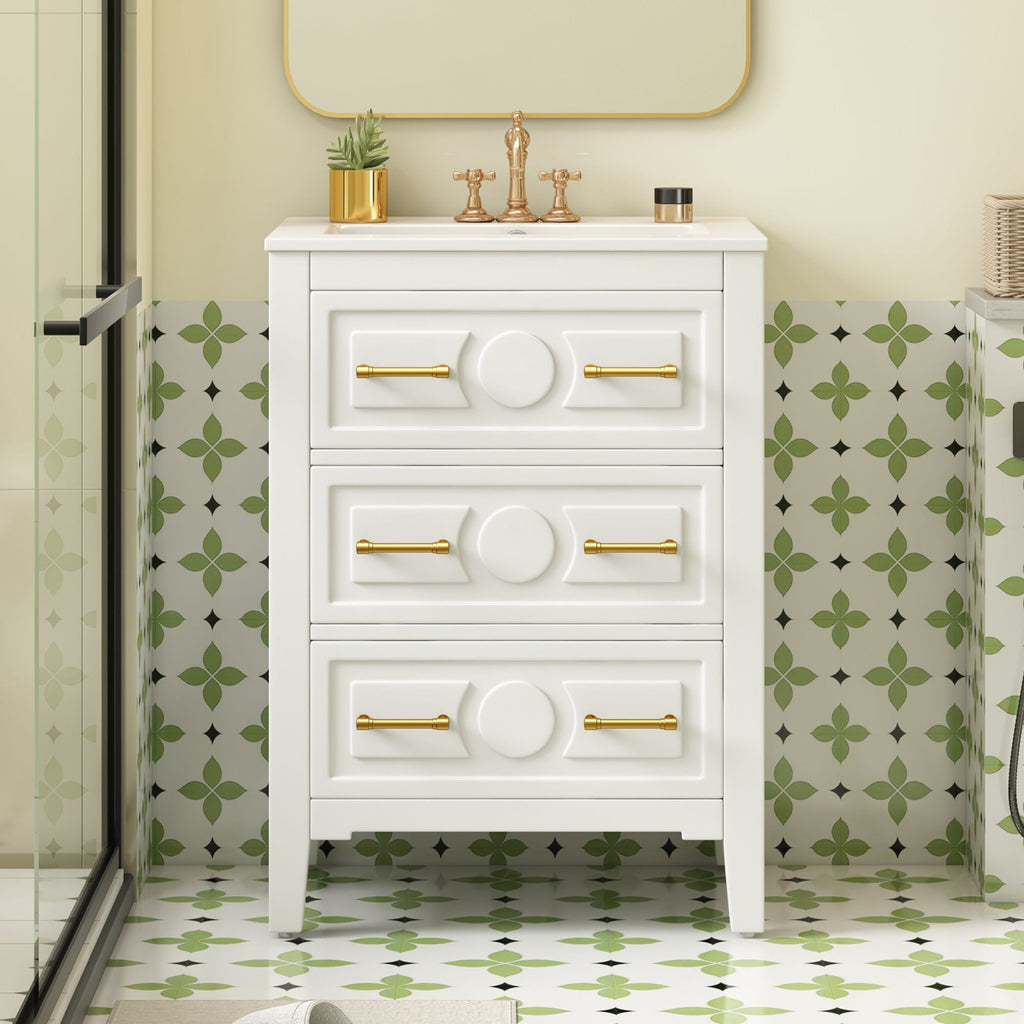 Bathroom Vanity With Sink, Free Standing Single Set, 3 Drawer Storage Cabinet