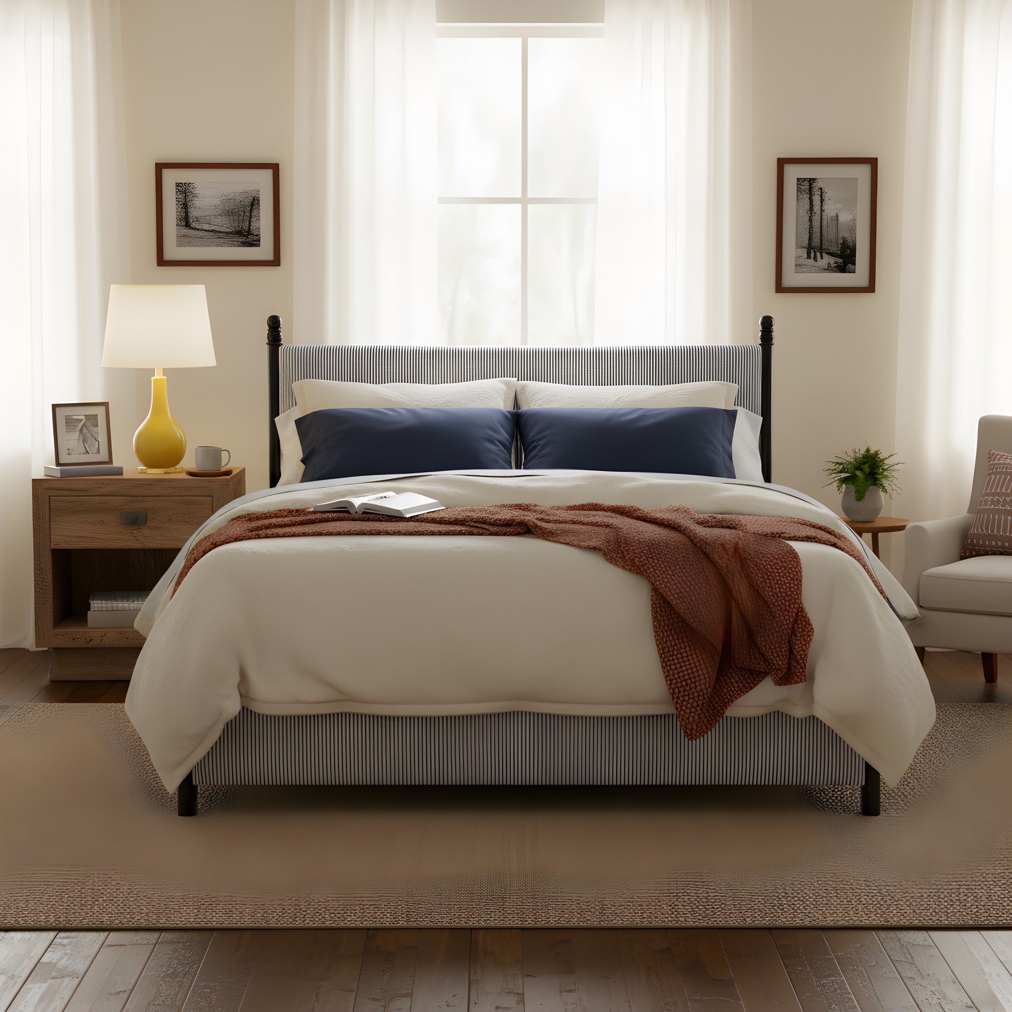 48-inch Striped Rubberwood Upholstered Bed, King