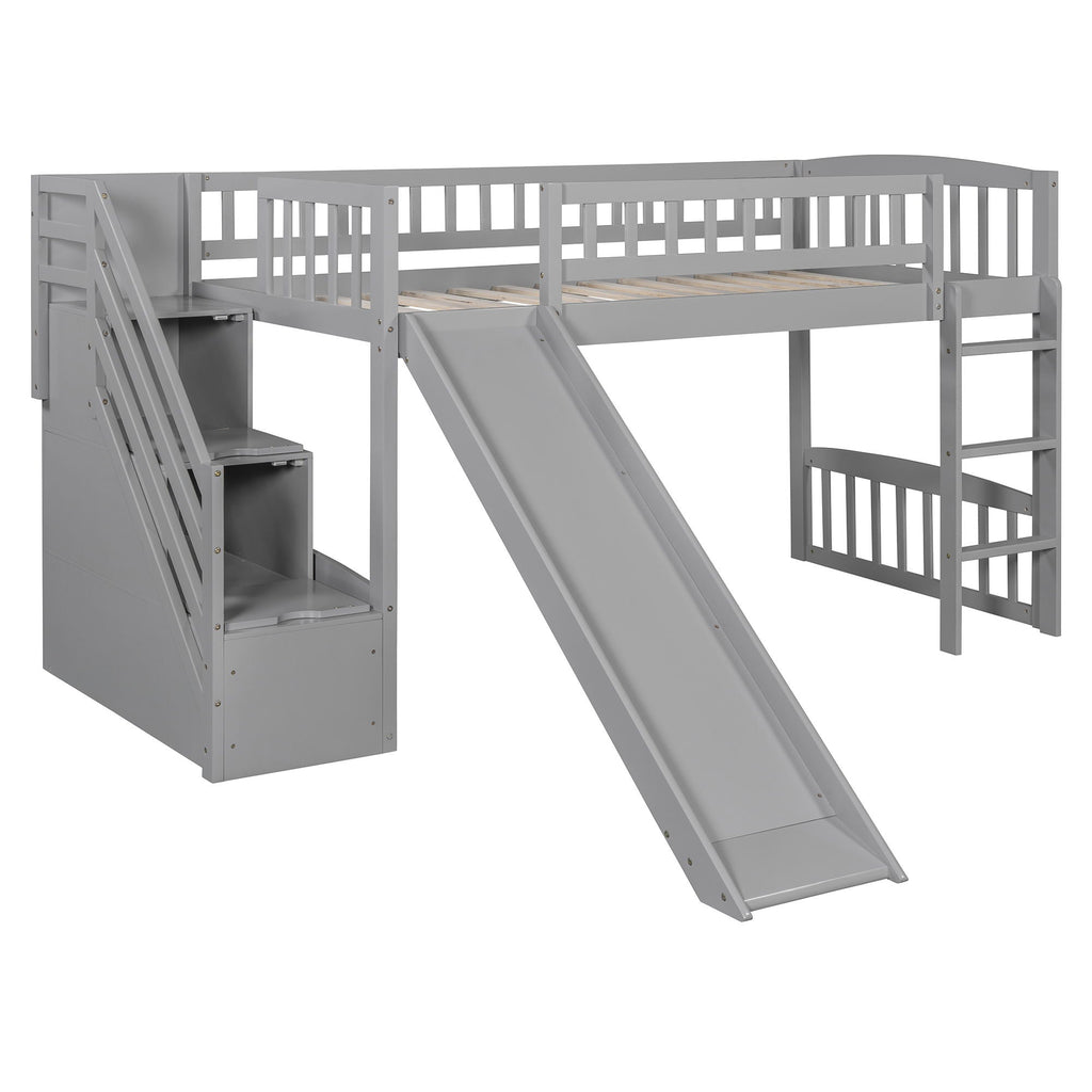 Loft Stairway Bed With 2 Drawers, Convertible Ladder And Slide
