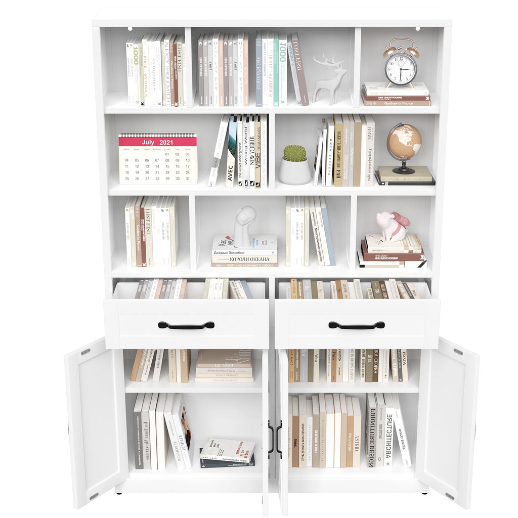 Bookcase Tall With 2 Doors & 2 Drawers, Fixed Open Shelves - White