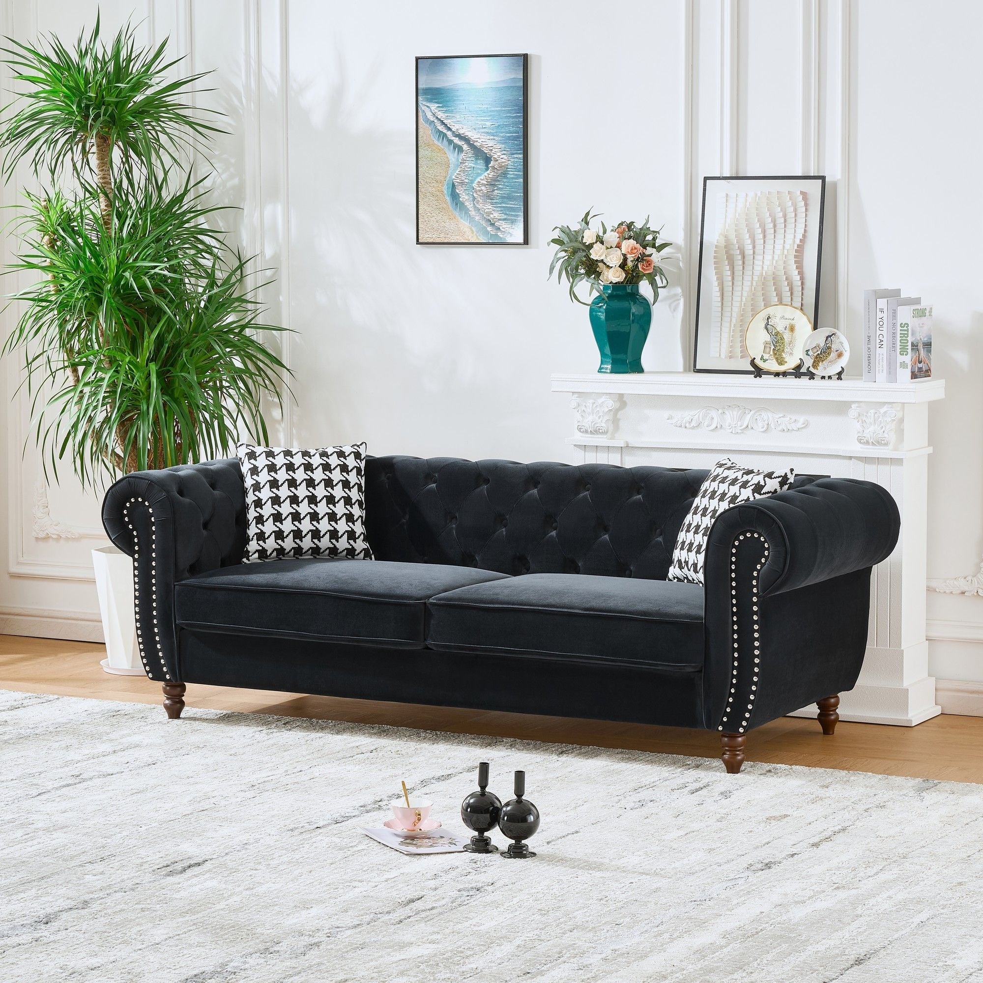 Chesterfield Upholstery Fabric Sofa With Roll Armrest & Nailhead