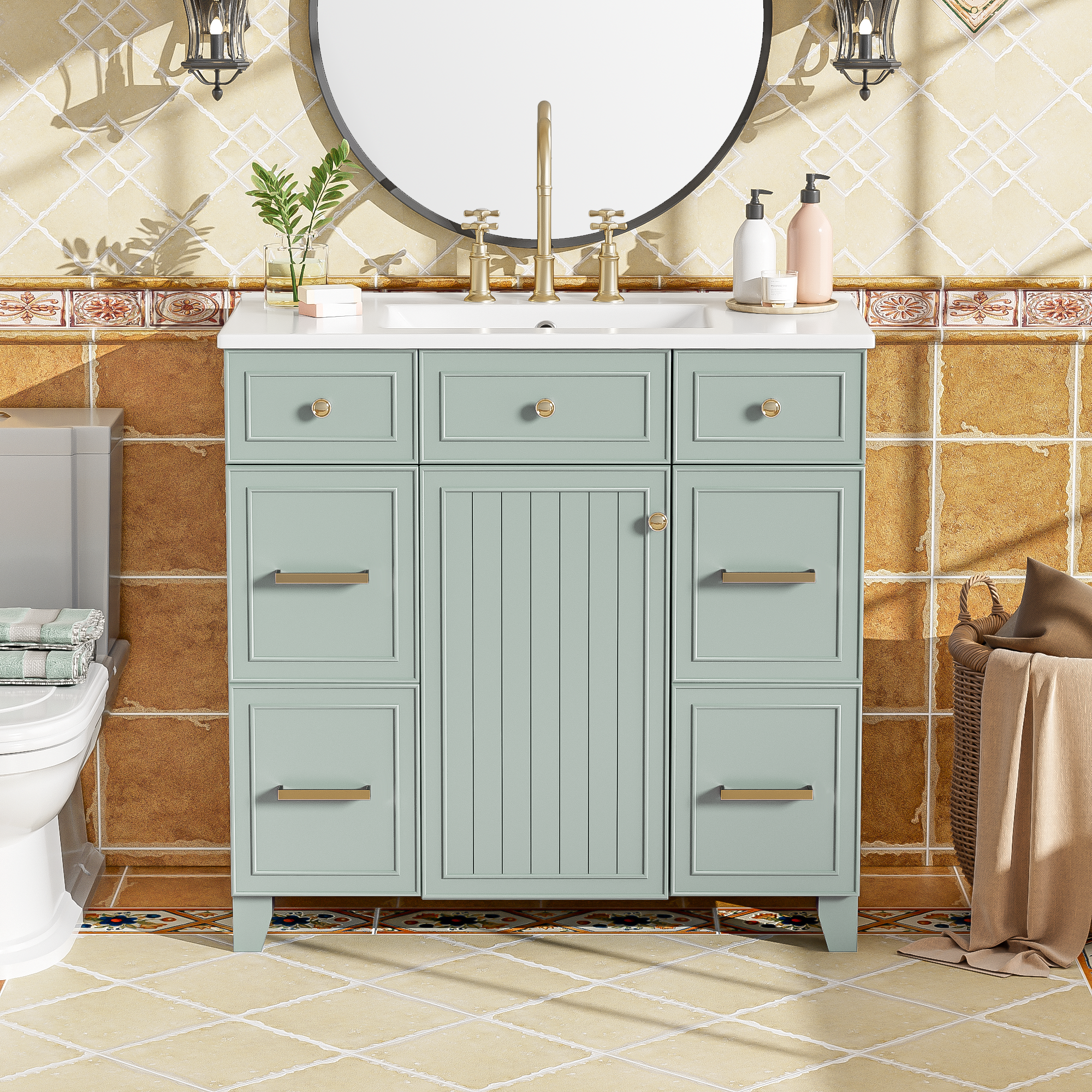 36" Green Bathroom Vanity with Ceramic Sink