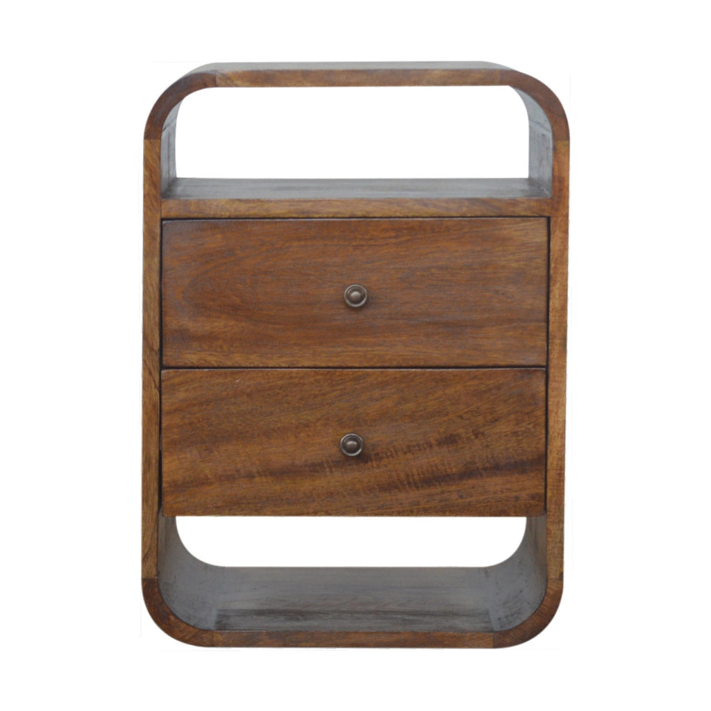 Solid Wood Chestnut Curve 2-Drawer Nightstand, 2 Open Slots