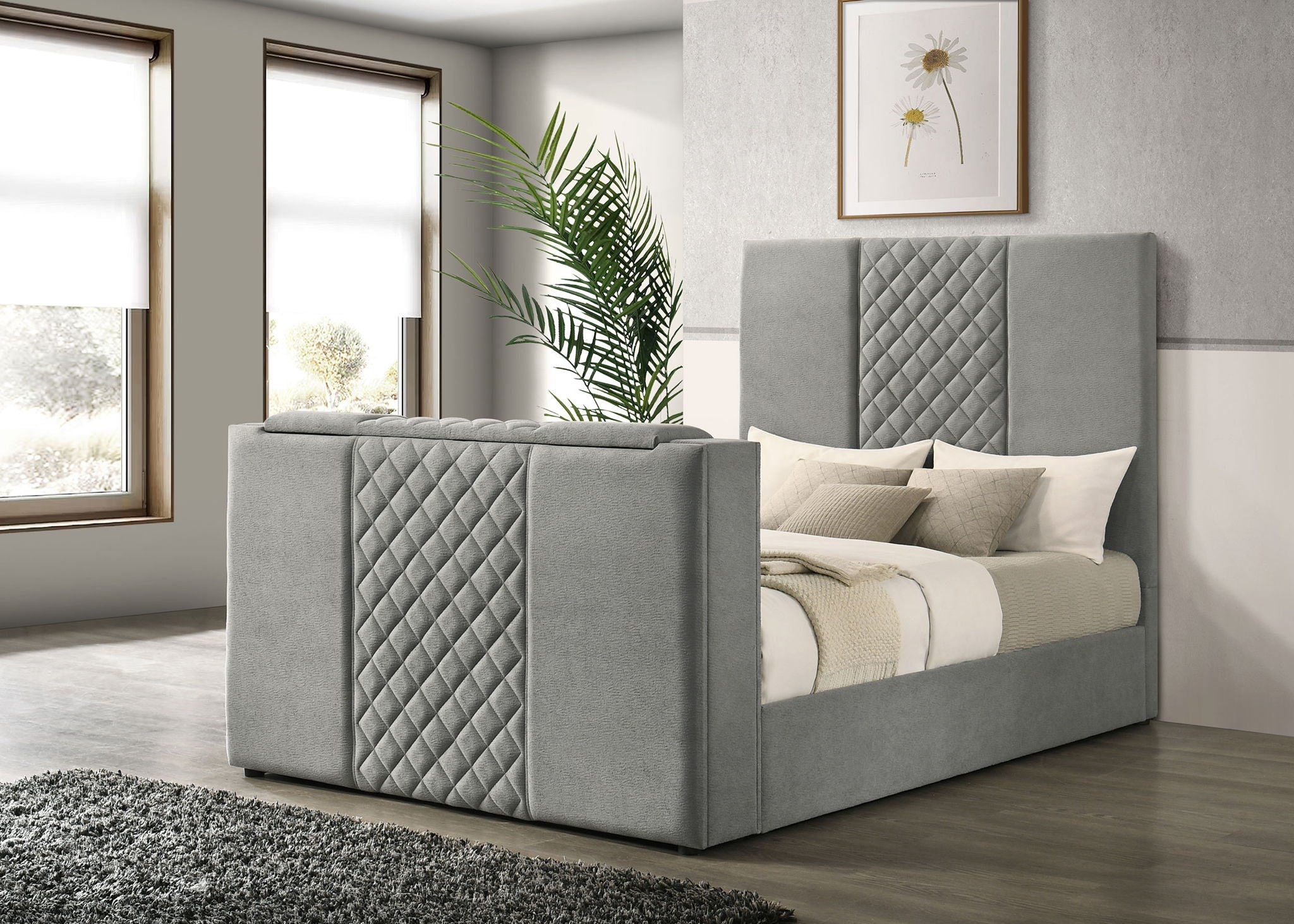 Tara 61-inch Upholstered Queen Panel TV Bed Grey