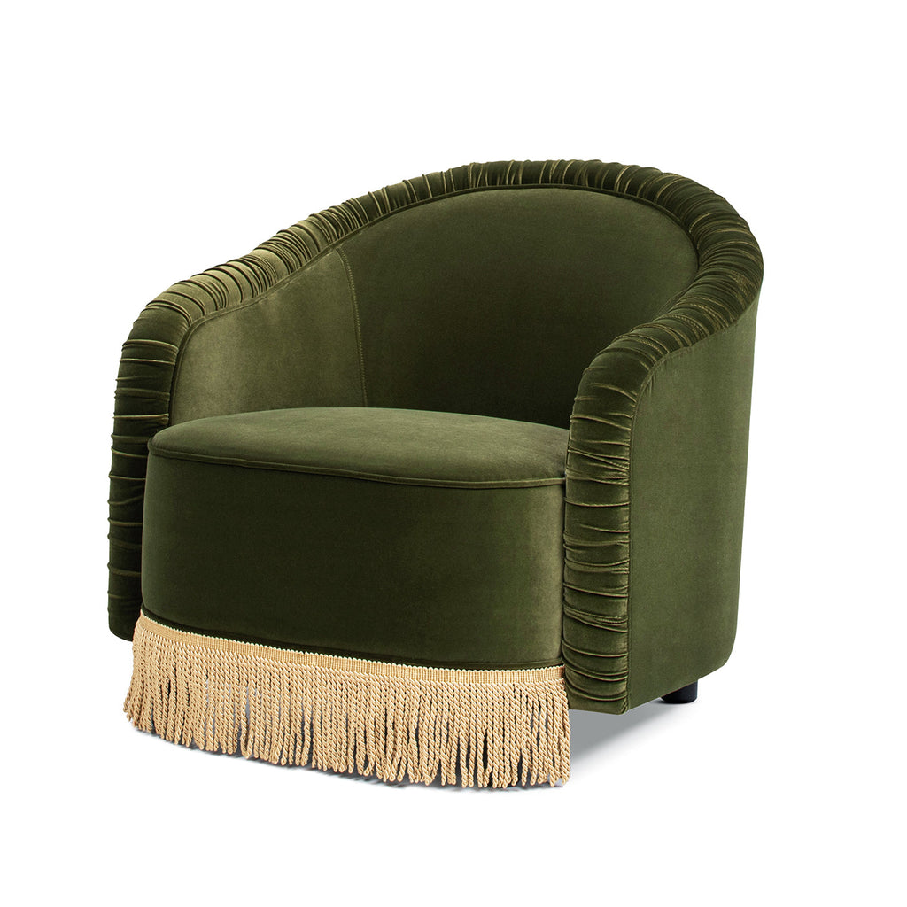 Serena 31.5" Ruched Barrel Back Accent Arm Chair with Bullion Fringe, Olive