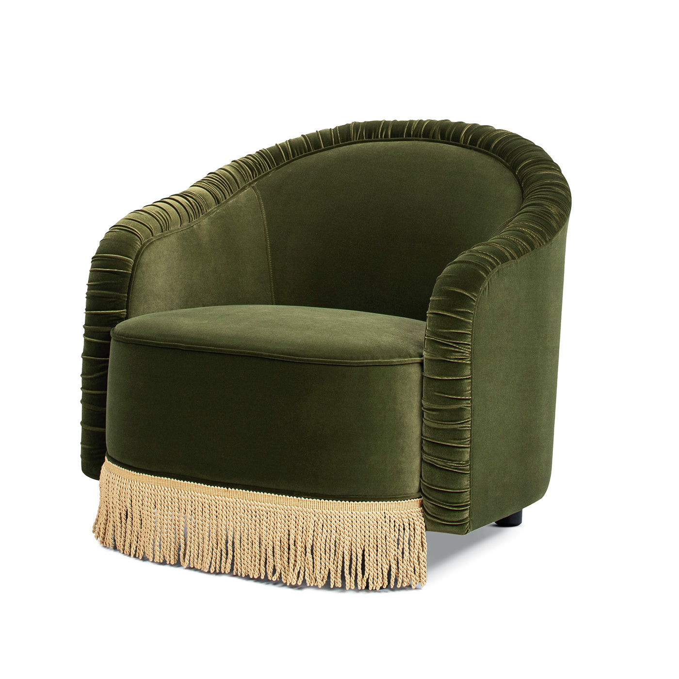 Serena 31.5" Ruched Barrel Back Accent Arm Chair with Bullion Fringe, Olive