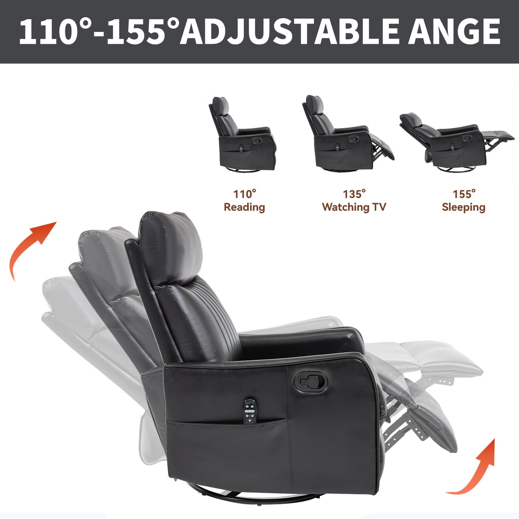 Black Faux Leather Heat Massage Manual Recliner Chair