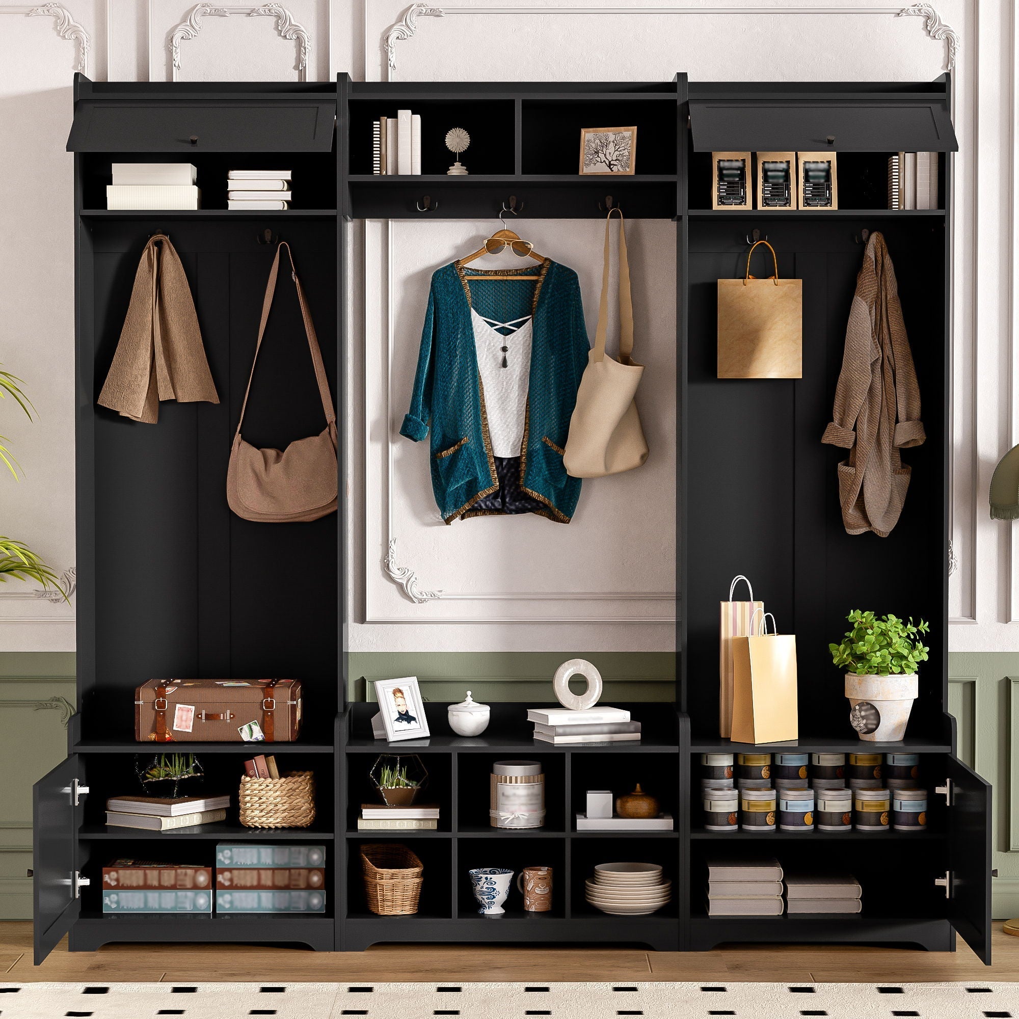 Wide Hall Tree With Shoe Storage, 4 In 1 Entryway Bench