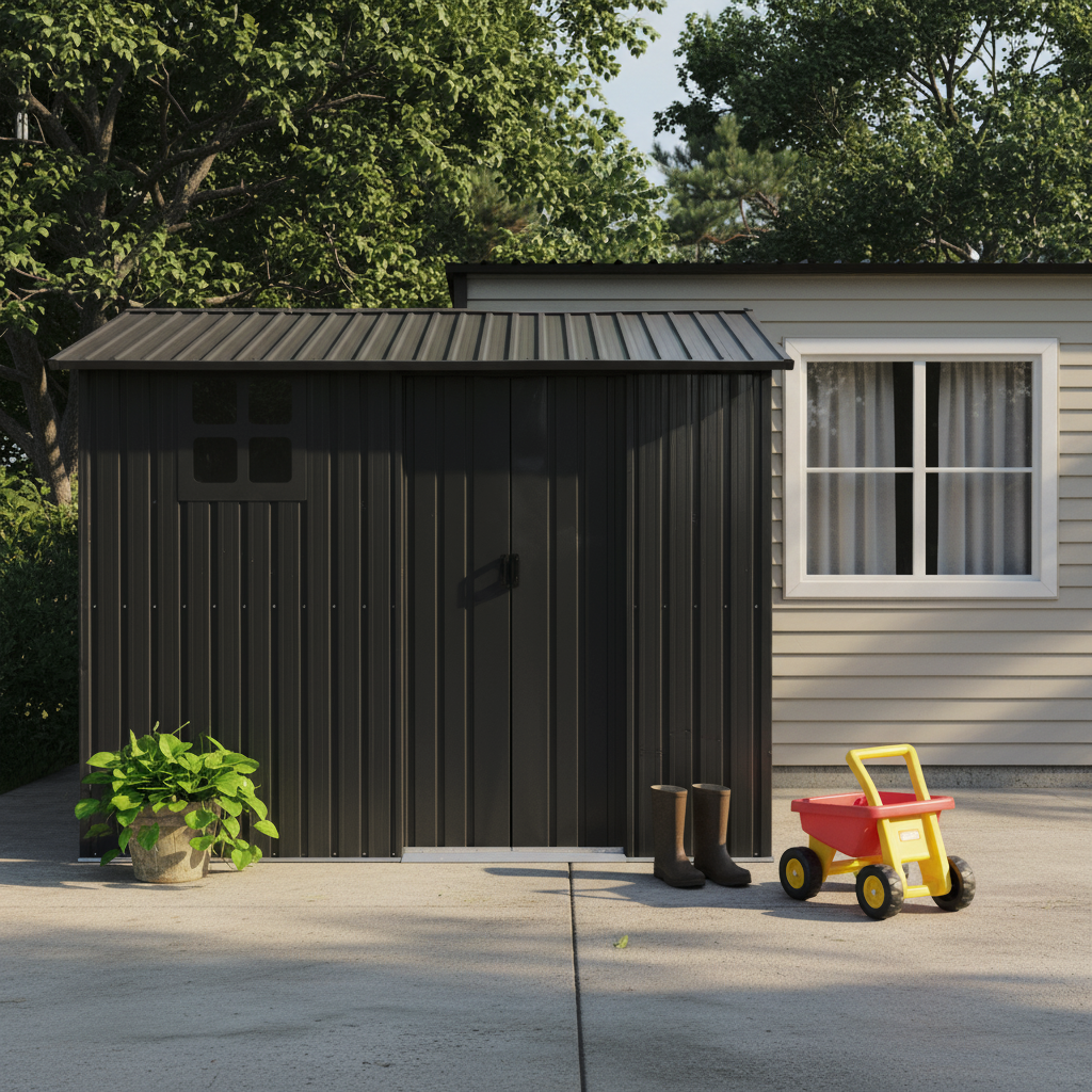 8x6FT Galvanized Steel Outdoor Storage Shed with Sliding Door