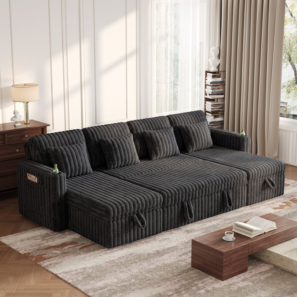 U Shaped Plush Corduroy Fluffy Sectional Sleeper Sofa