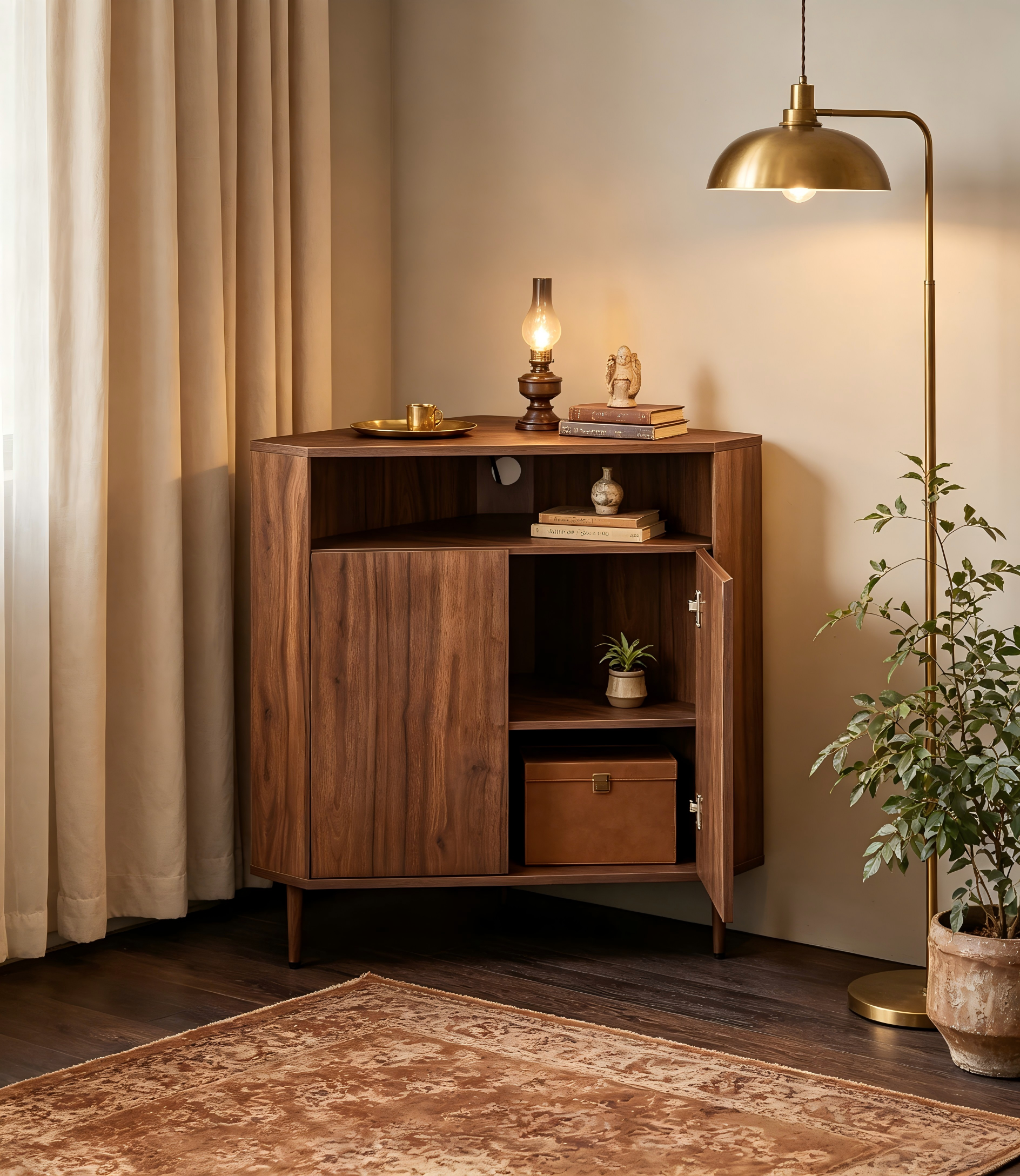 Modern Narrow Wooden Corner Storage Cabinet