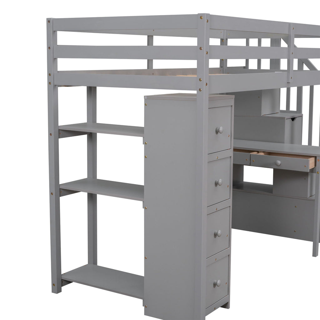 Loft Bed With Storage Drawers, Desk And Stairs With Shelves