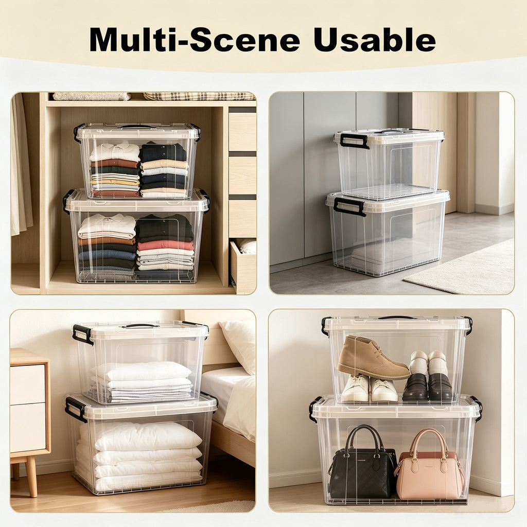 4 Pack 90 QT Plastic Storage Bins with Lids,Clear Stackable Bins with Secure Latches and Handles Heavy-Duty Storage Containers For Home Office and Garage Organization