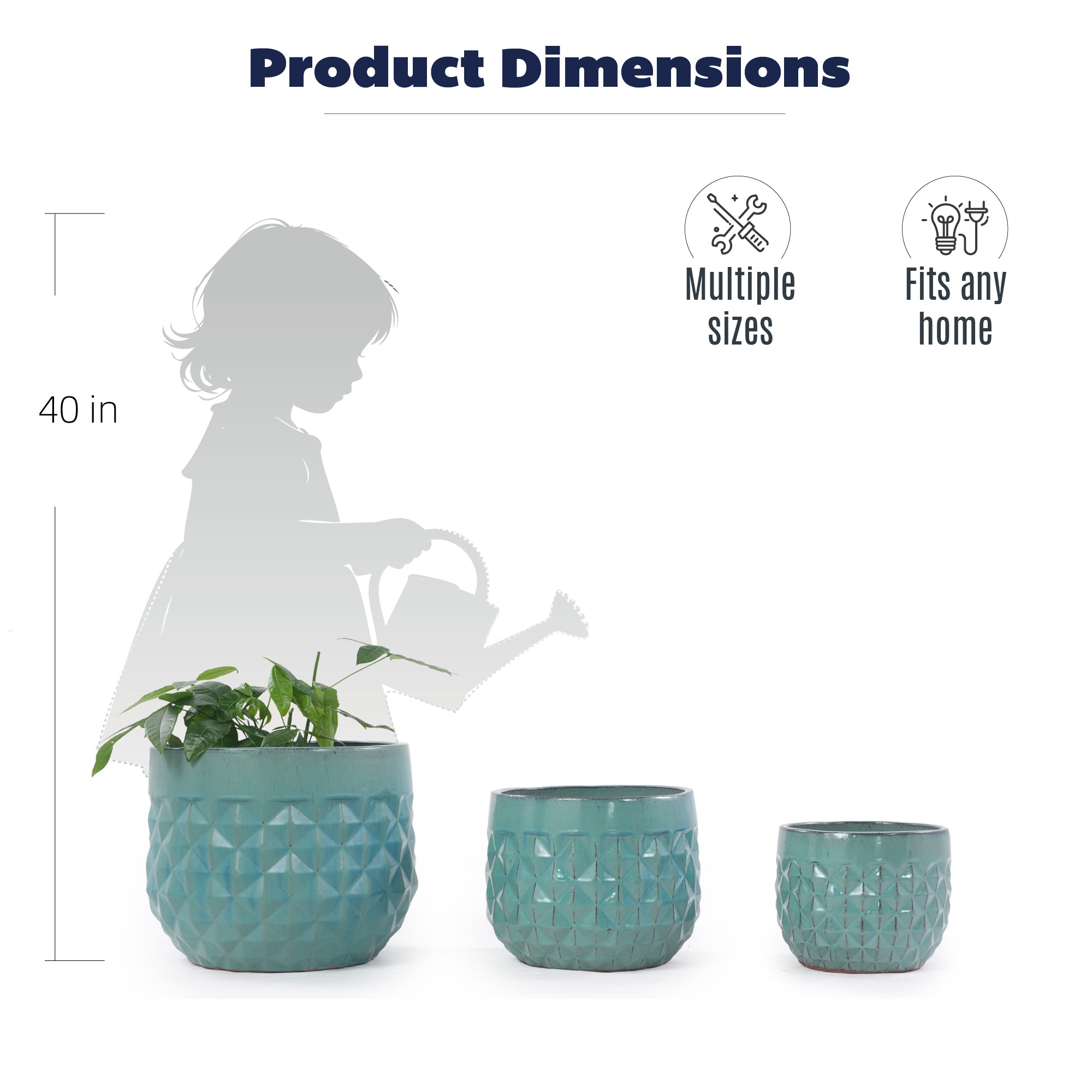 Handmade Ceramic Planter Pots Set of 3, Vintage Turquoise