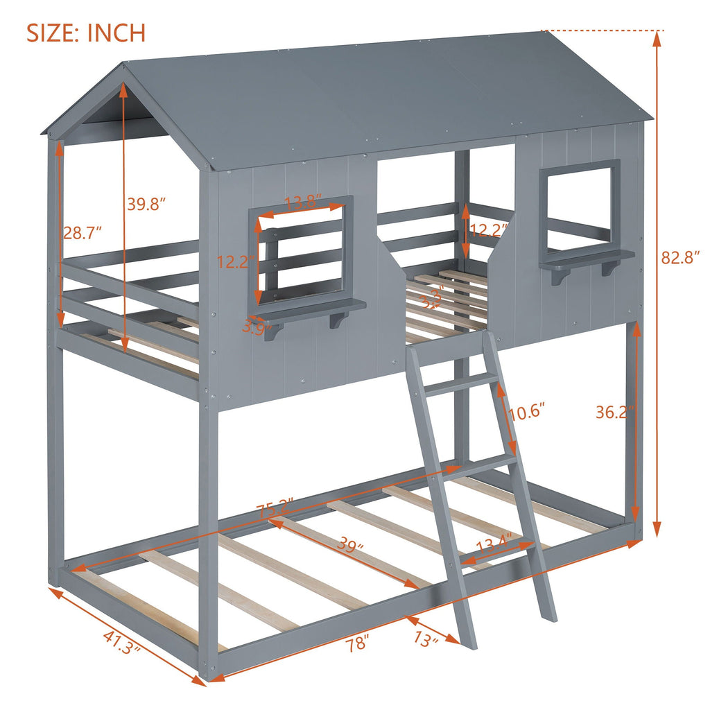 Twin Over Twin Bunk Bed With Roof, Window, Guardrail, Ladder