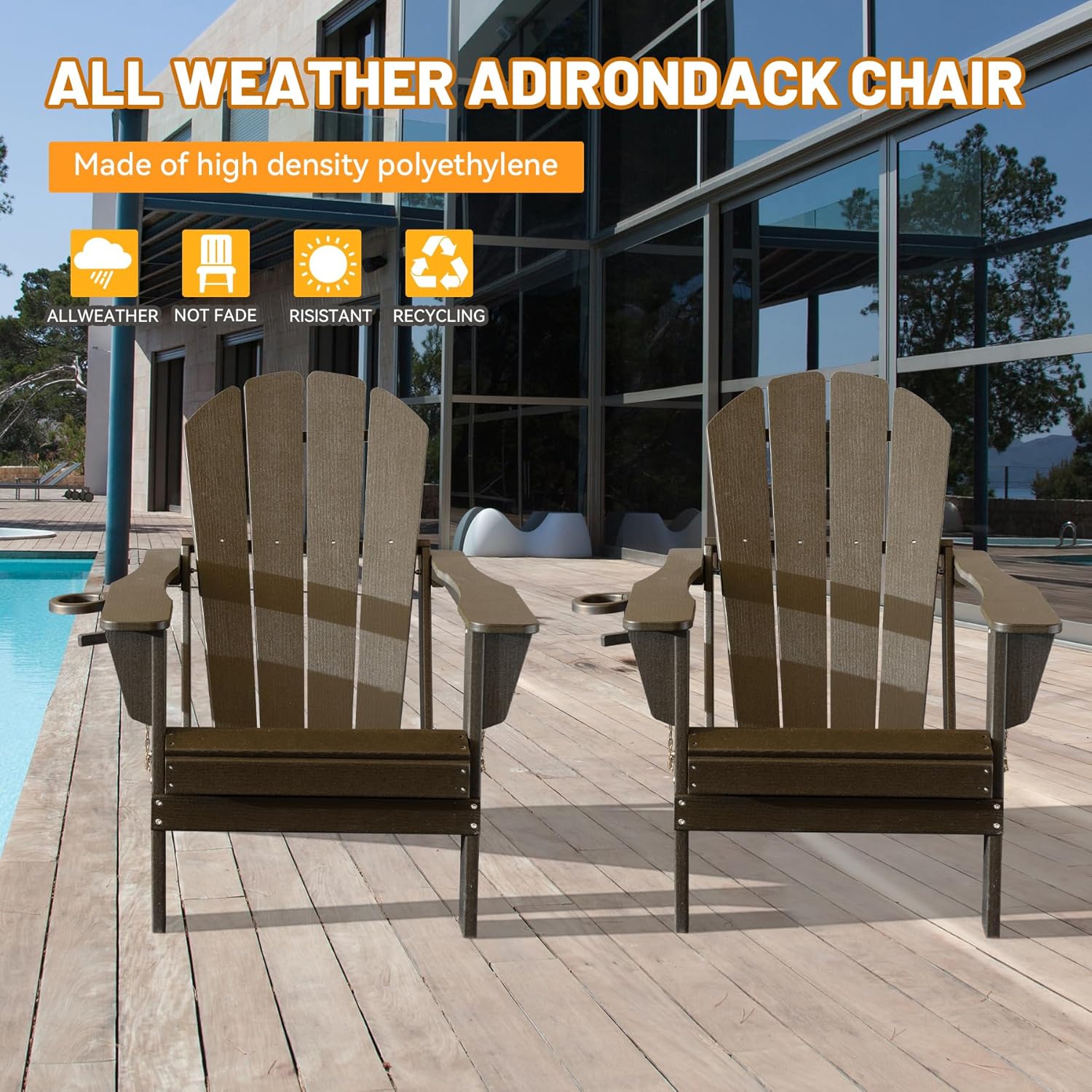 Adirondack Chairs Set of 2 with Cup Holder - Brown HDPE Outdoor Chairs