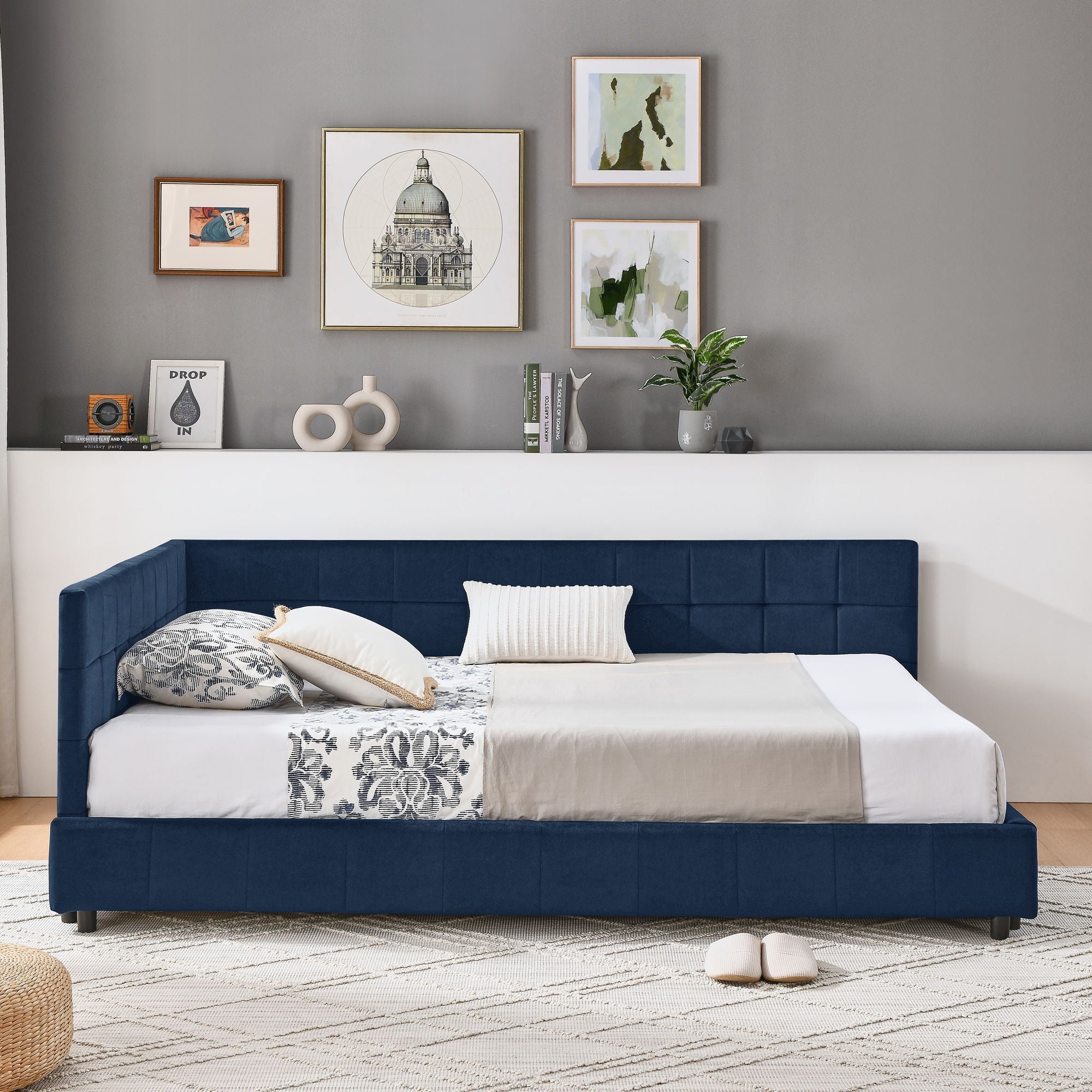 Mid-Century Storage Upholstered Tufted Bed Frame With Backrest And Armrests