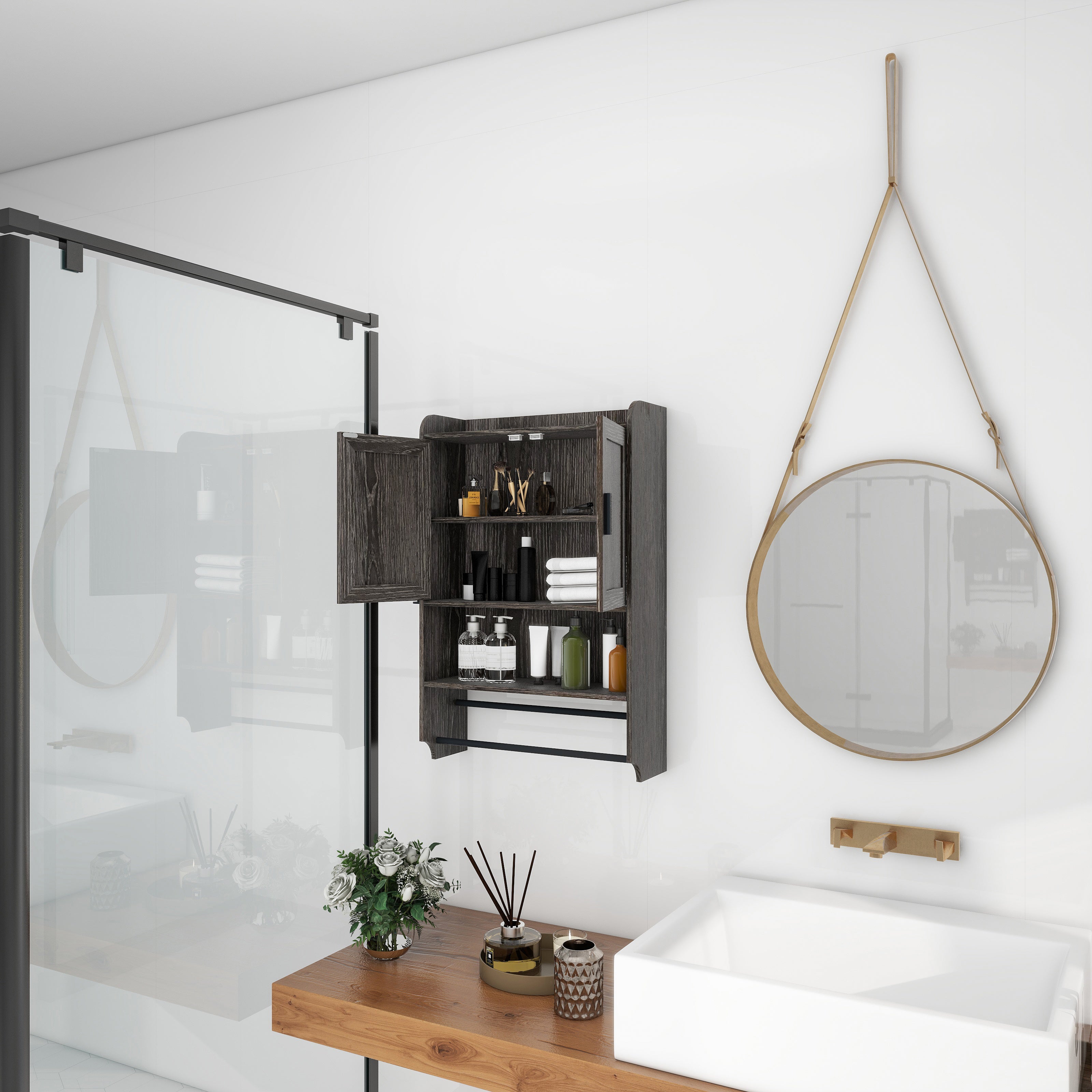 Bathroom Wall Cabinet with Doors, Adjustable Shelf, Towel Bar and Paper Holder