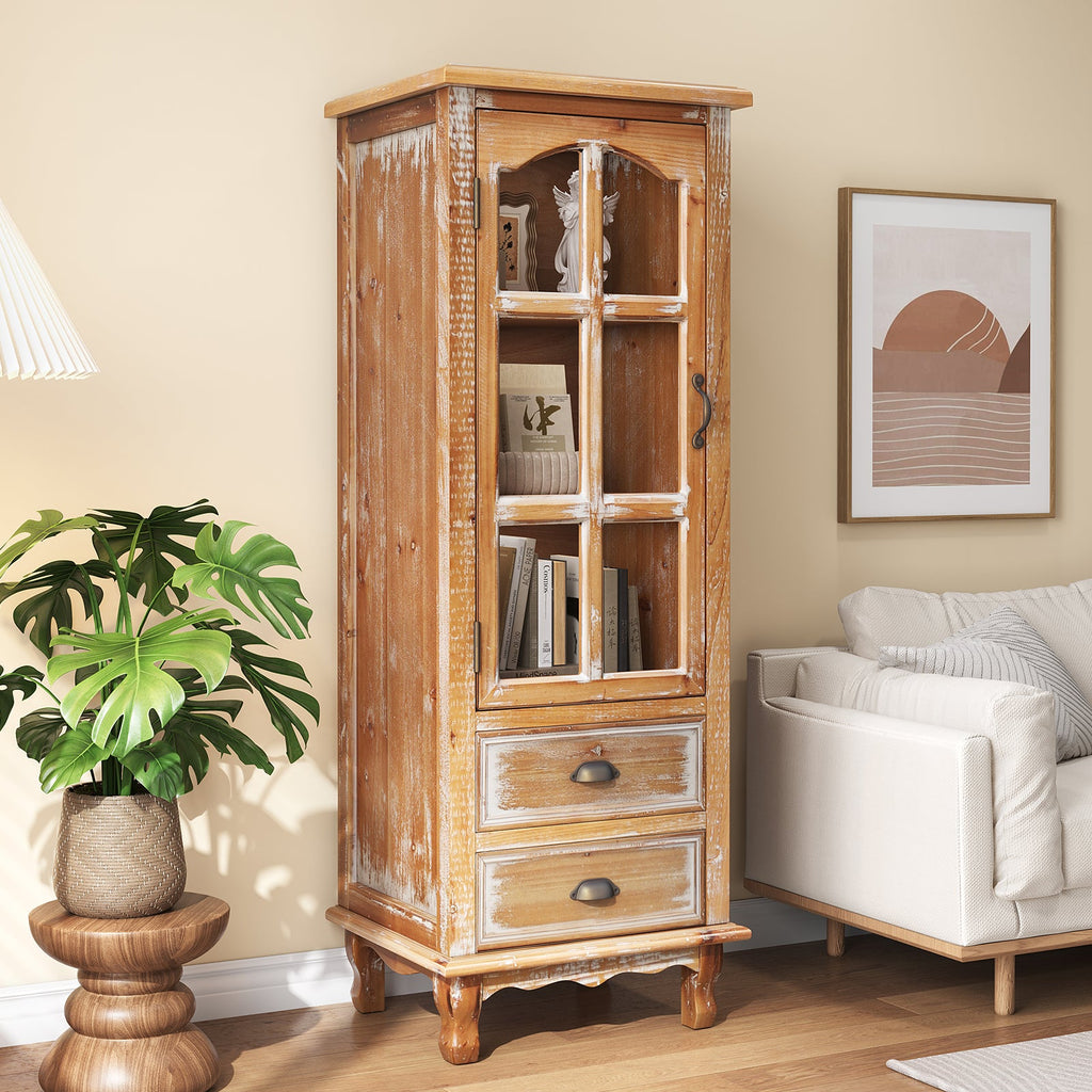 Rustic Wooden Storage Cabinet with Decorative Cutout Door & 2 Drawers