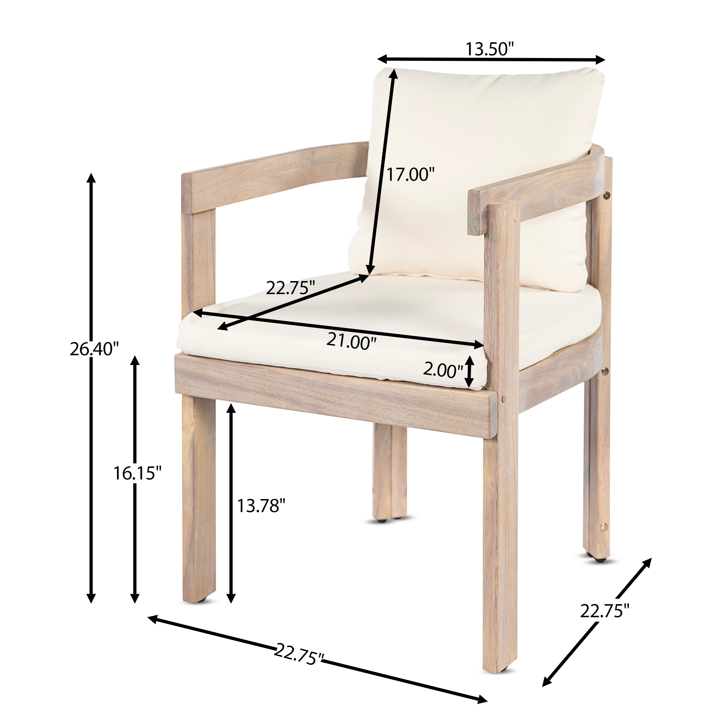 Acacia Wood Dining Chairs Set of 2, Armchairs with Cushions