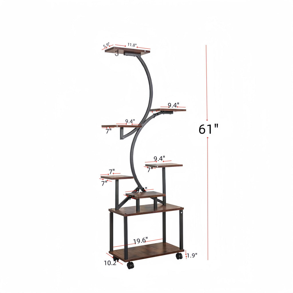 8 Tier Indoor Plant Stand With Grow Lights, S Shaped Metal Shelf For Multiple Plants - Black / Dark Walnut