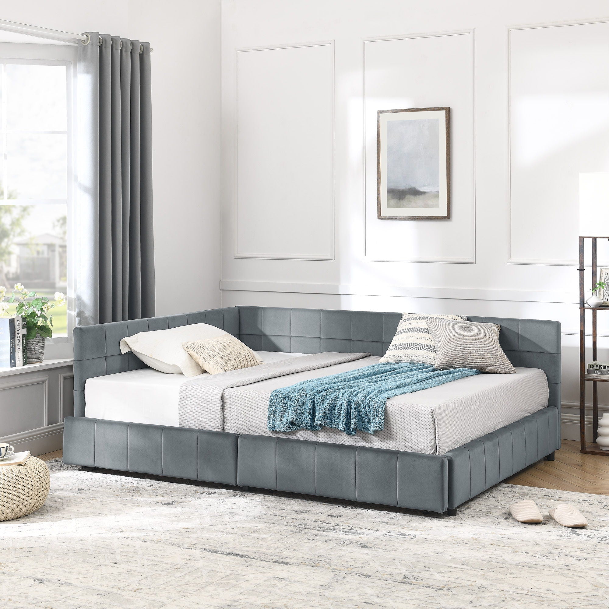 Mid-Century Storage Upholstered Tufted Bed Frame With Backrest And Armrests