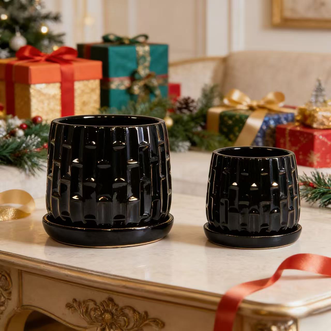 Handmade Ceramic Flower Pot with Groove Pattern