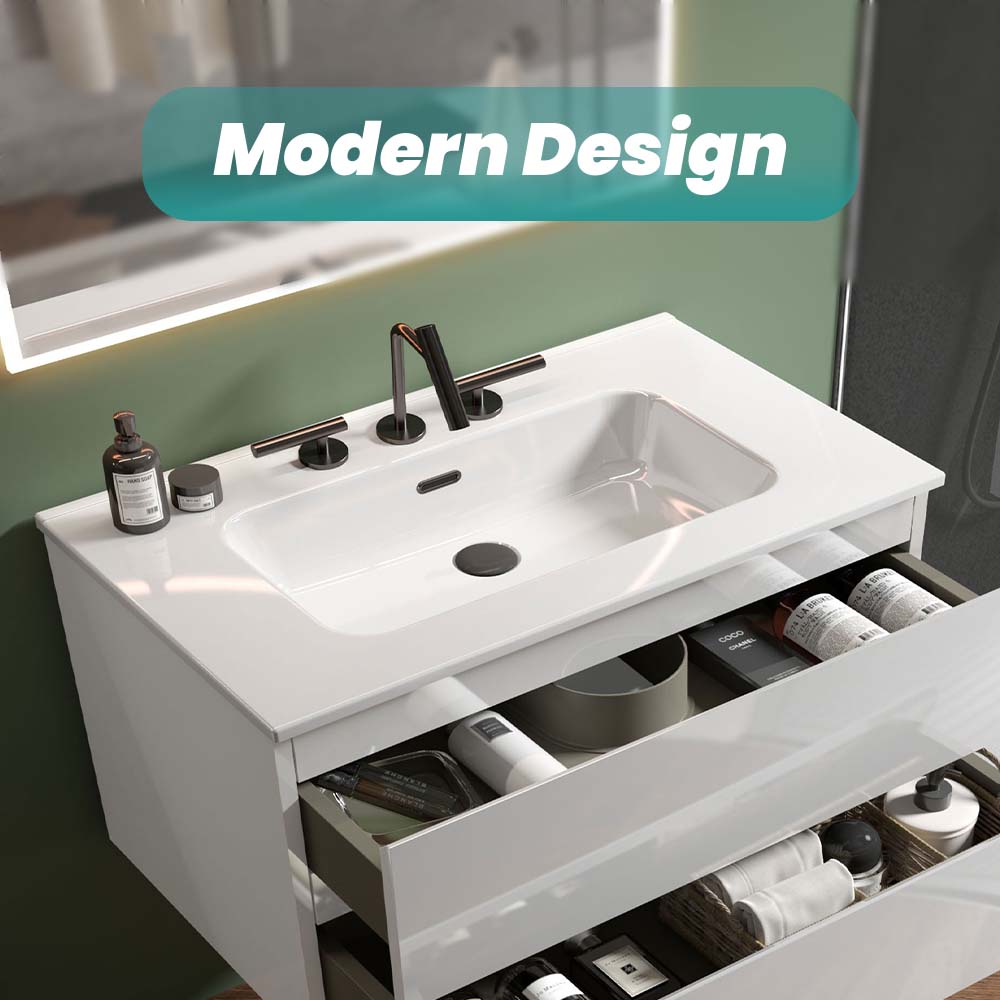 Abay Home Glossy White Ceramic Integrated Bathroom Vanity Sink
