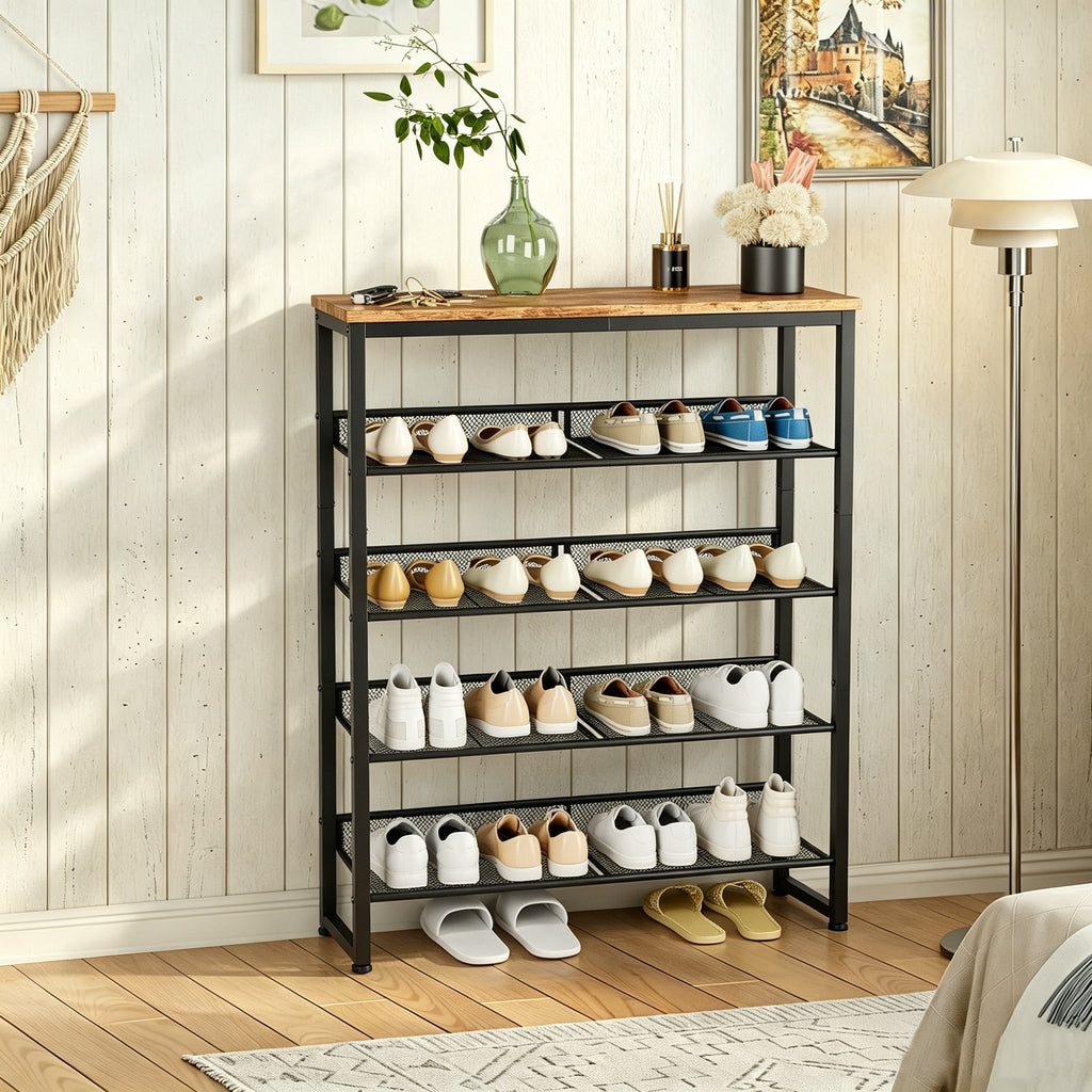 Industrial Shoe Rack with 4 Mesh Shelves
