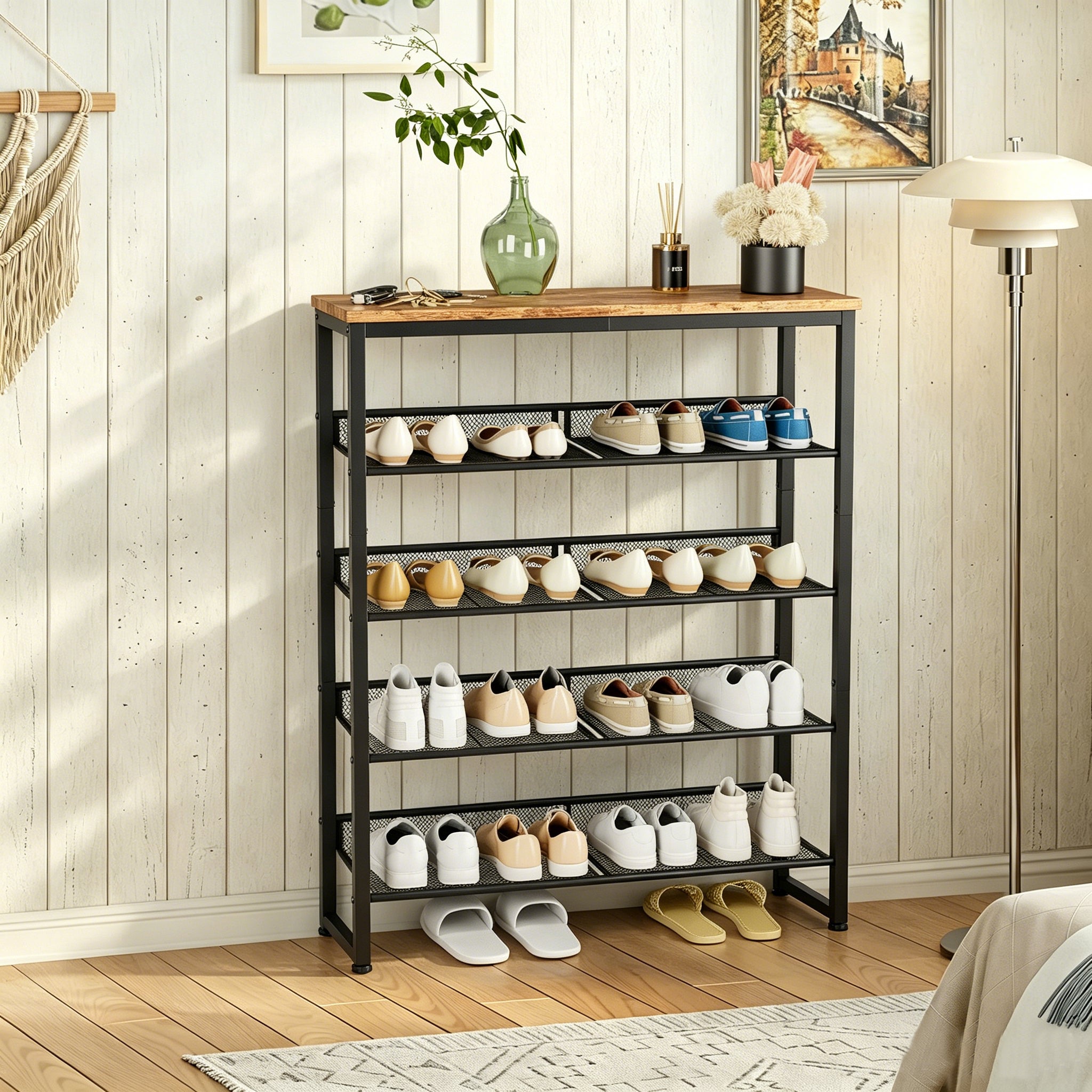 Industrial Shoe Rack with 4 Mesh Shelves